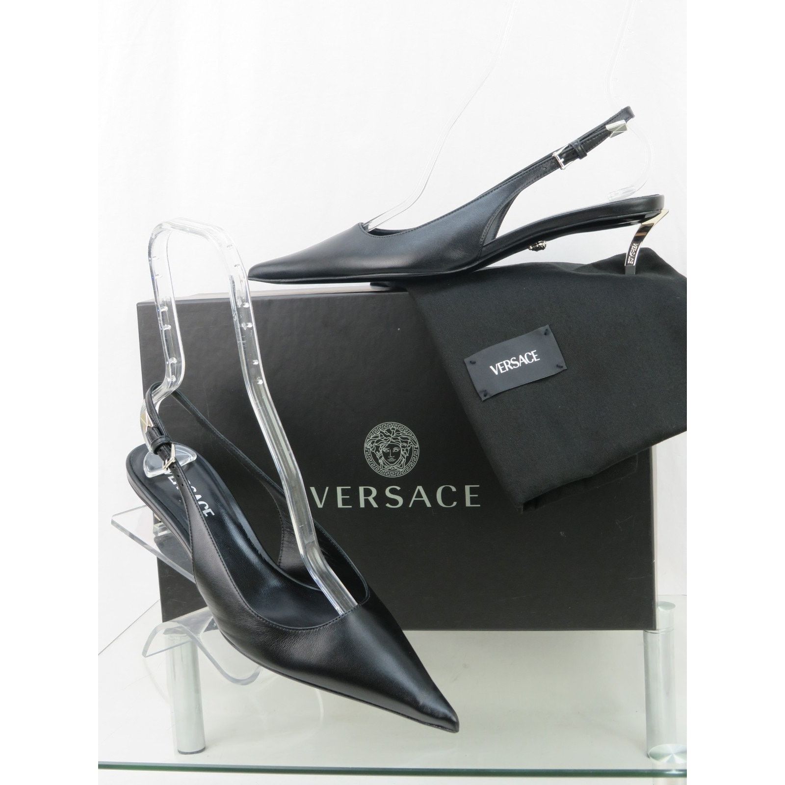 Versace VERSACE BLACK LEATHE SILVER MEDUSA SANDALS KITTEN PUMPS 39.5 Size US 9.5 / IT 39.5 - 1 Thumbnail