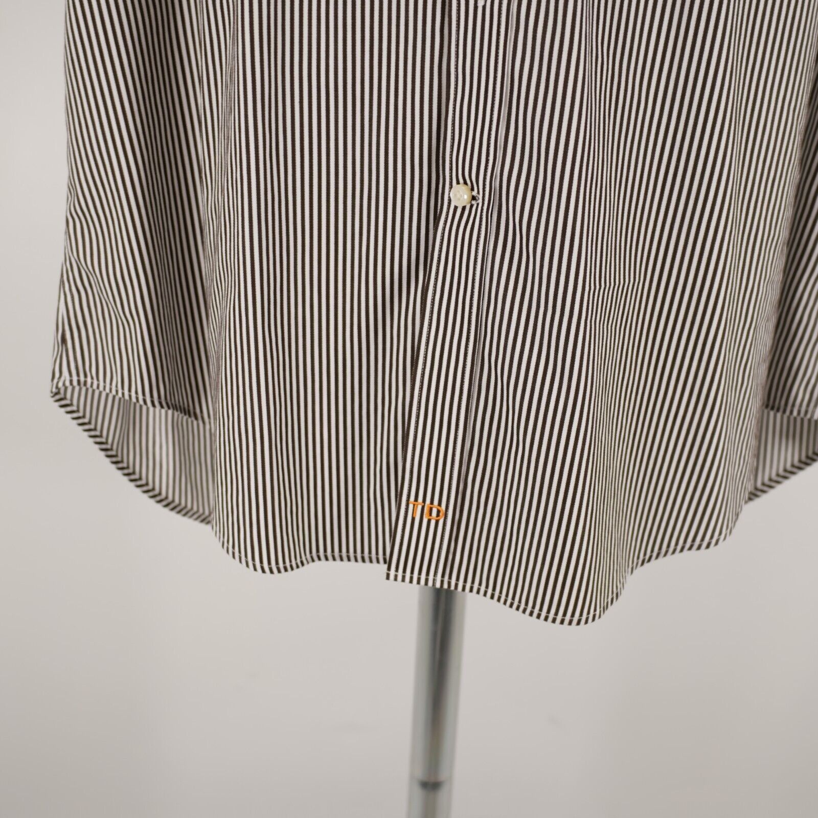 Designer Thomas Dean Brown Striped Pima Cotton Flip Cuff Large Collar Size US L / EU 52-54 / 3 - 4 Thumbnail