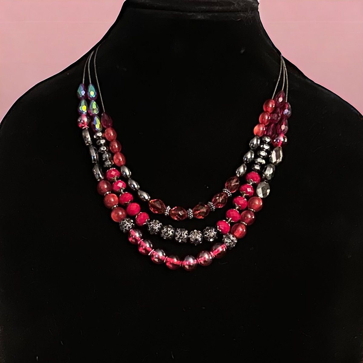 Other Multi strand layered red bead gunmetal silver necklace Size ONE SIZE - 1 Thumbnail