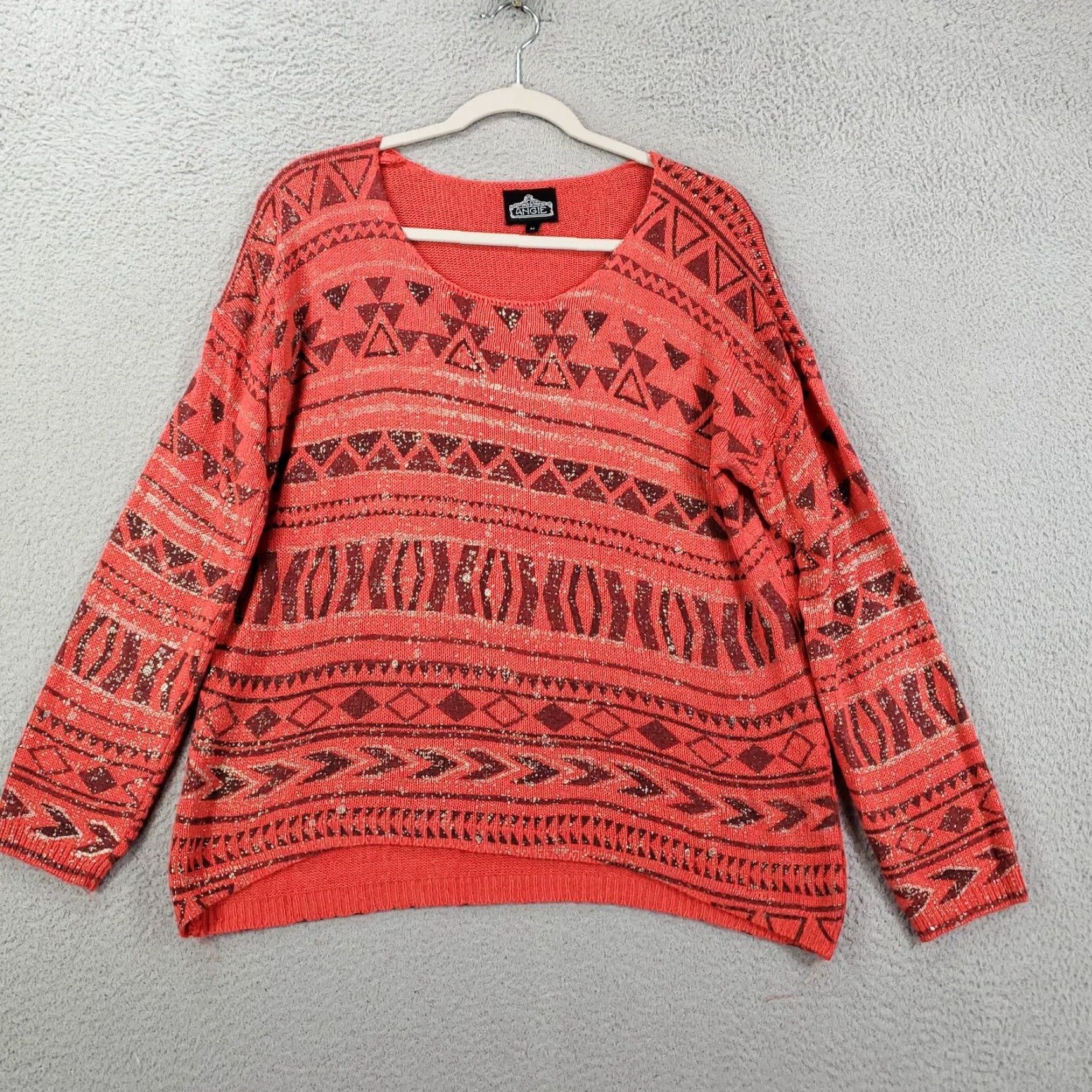 Vintage Angie Womens Sweater Pullover Knit Long Sleeve Boat Neck Red Coral Geometric Bohemian Western Knit Regular M Size M / US 6-8 / IT 42-44 - 2 Thumbnail
