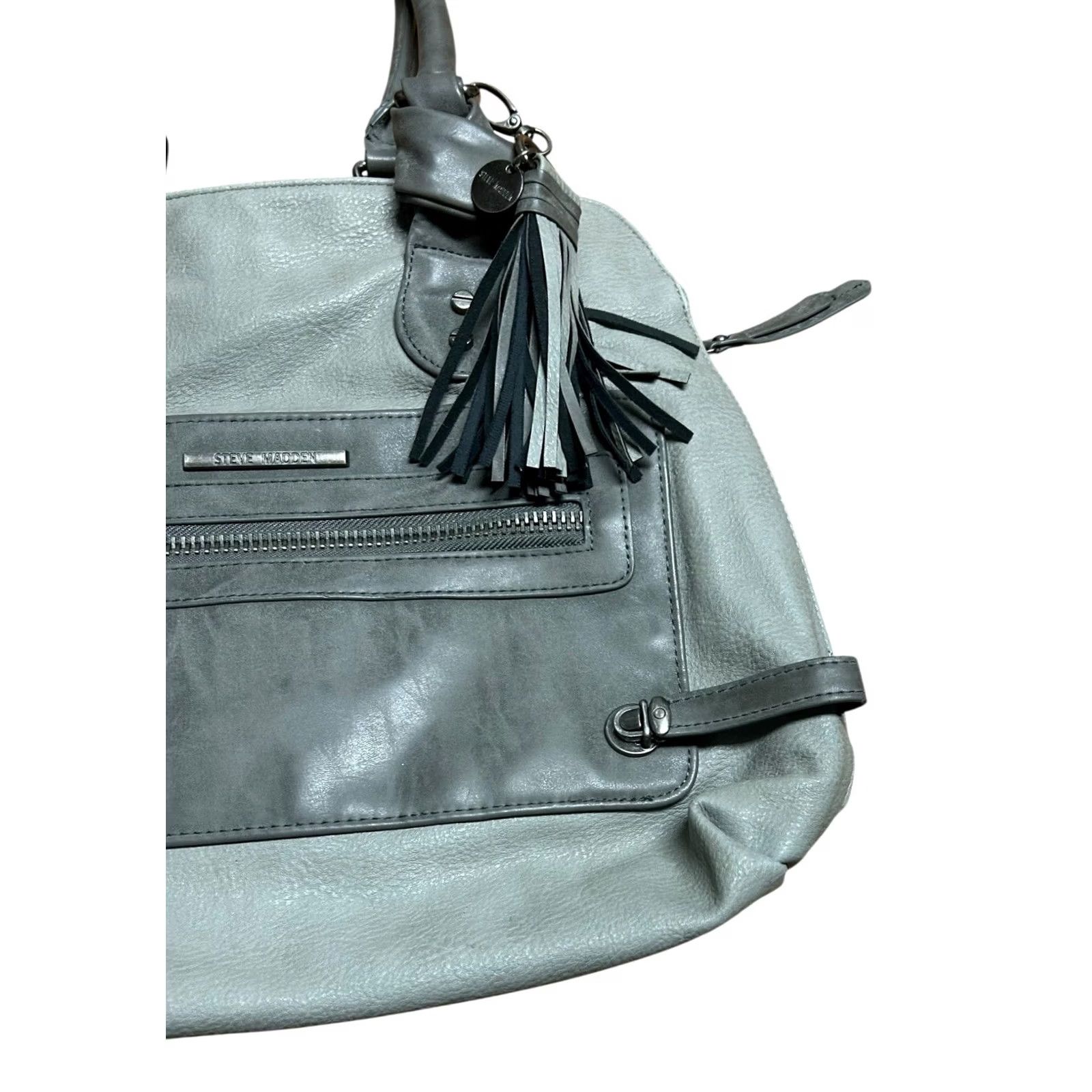 Steve Madden Steve Madden Women's Gray Leather Large Purse Shoulder Handbag Tote Tassel Read Size ONE SIZE - 3 Thumbnail