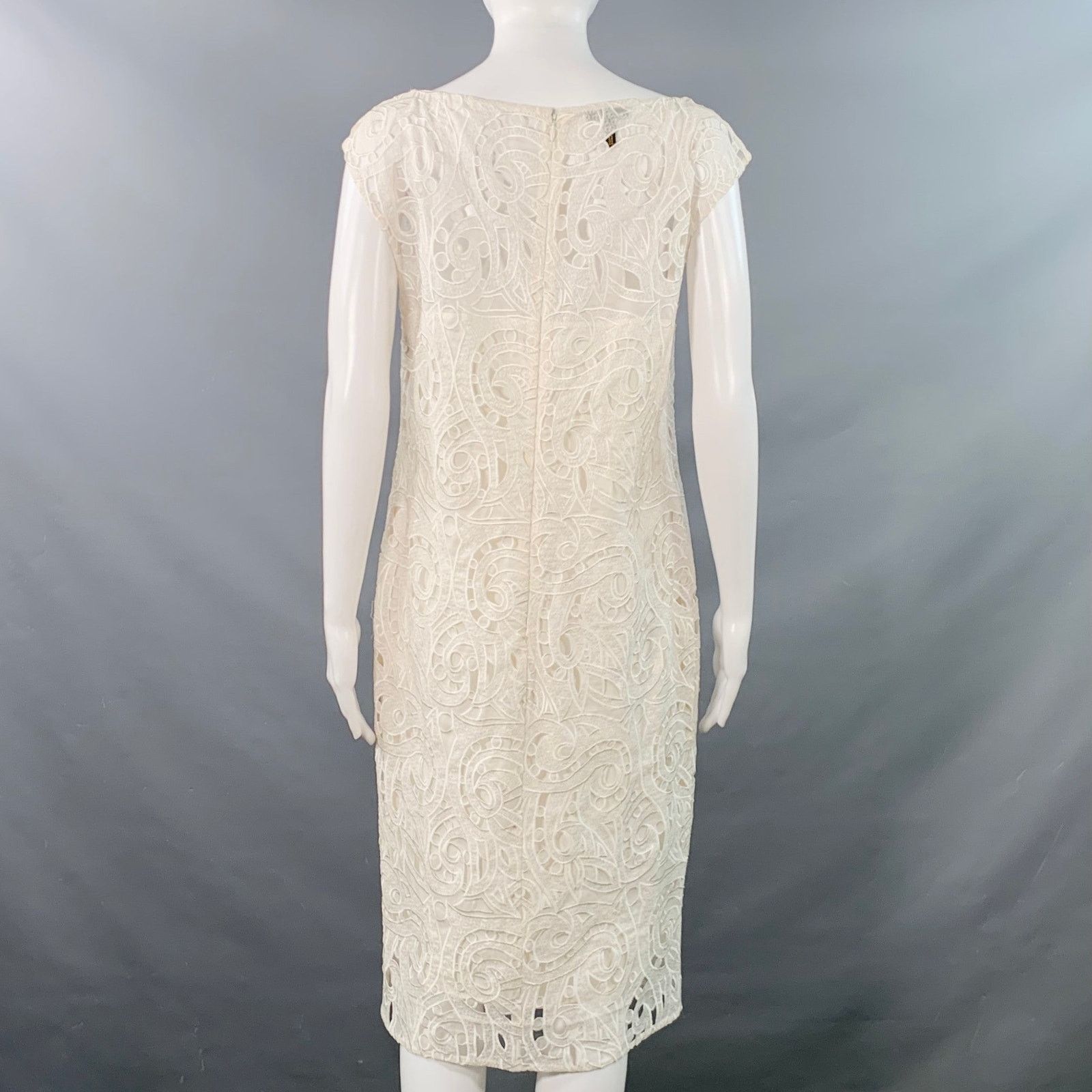 Escada Size 6 Off White Silk Lace Boat Neck Sleeveless Shift Dress Size M / US 6-8 / IT 42-44 - 4 Thumbnail