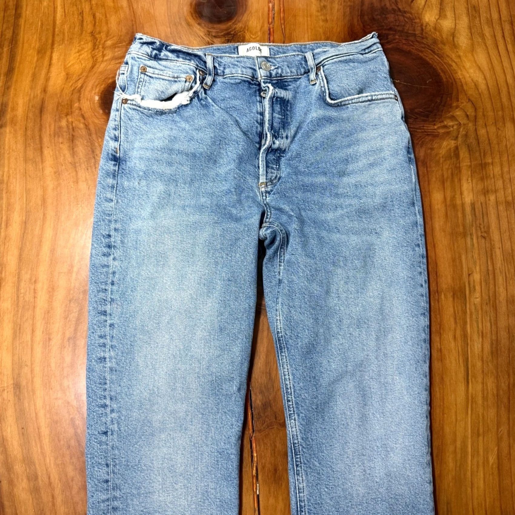 Agolde AGOLDE Jeans Riley Long 30 Denim Organic Cotton Button Fly Distressed 90s Womens Jeans 30 Blue ZZ23 Size 30" / US 8 / IT 44 - 3 Thumbnail