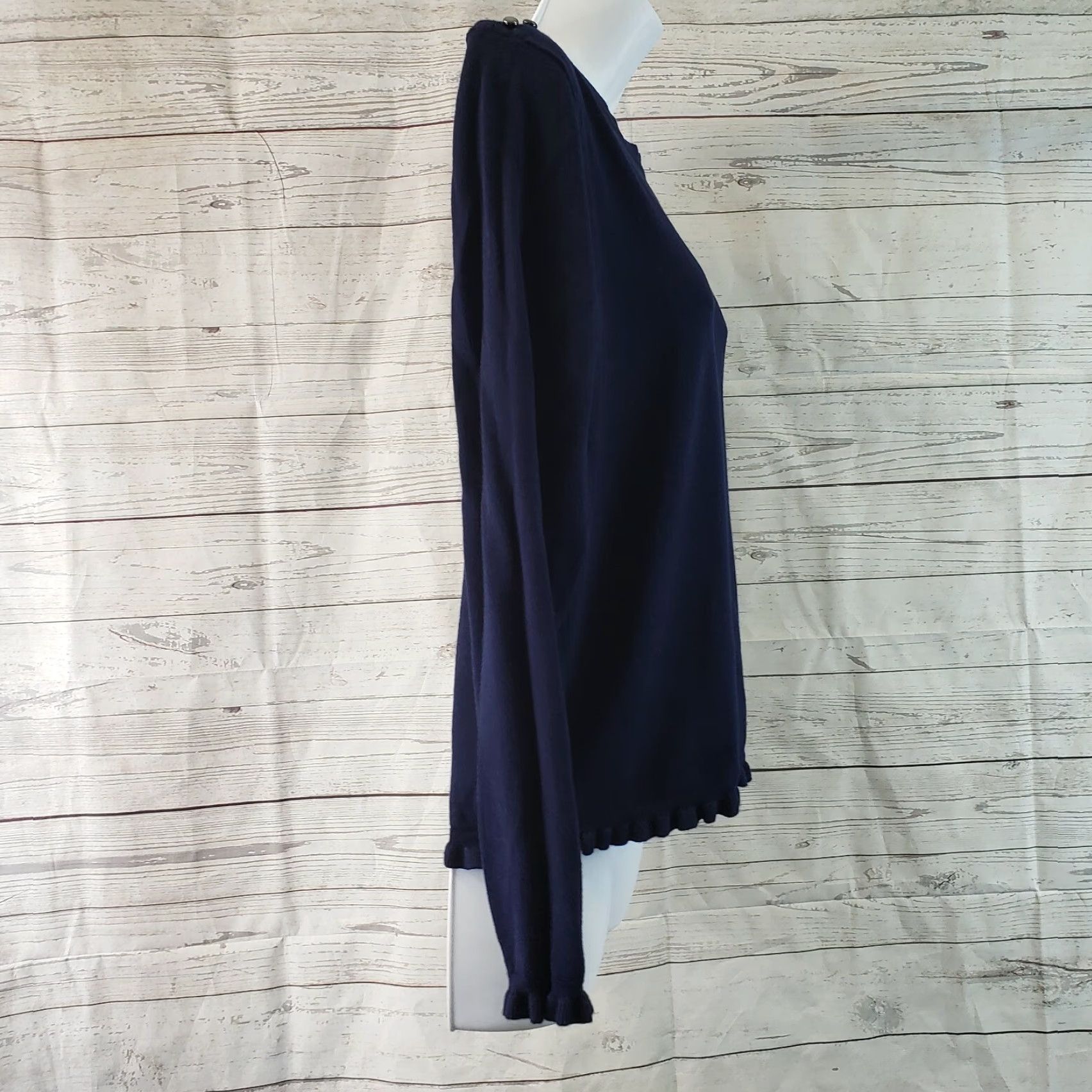 Vintage Wallis Womens Sweater Size 12 Solid Blue Ruffle Hem Long Sleeve Viscose Blend Pullover Knit Womens Pullover Blue 12 Wallis Womens Sweater Size XL / US 12-14 / IT 48-50 - 3 Thumbnail