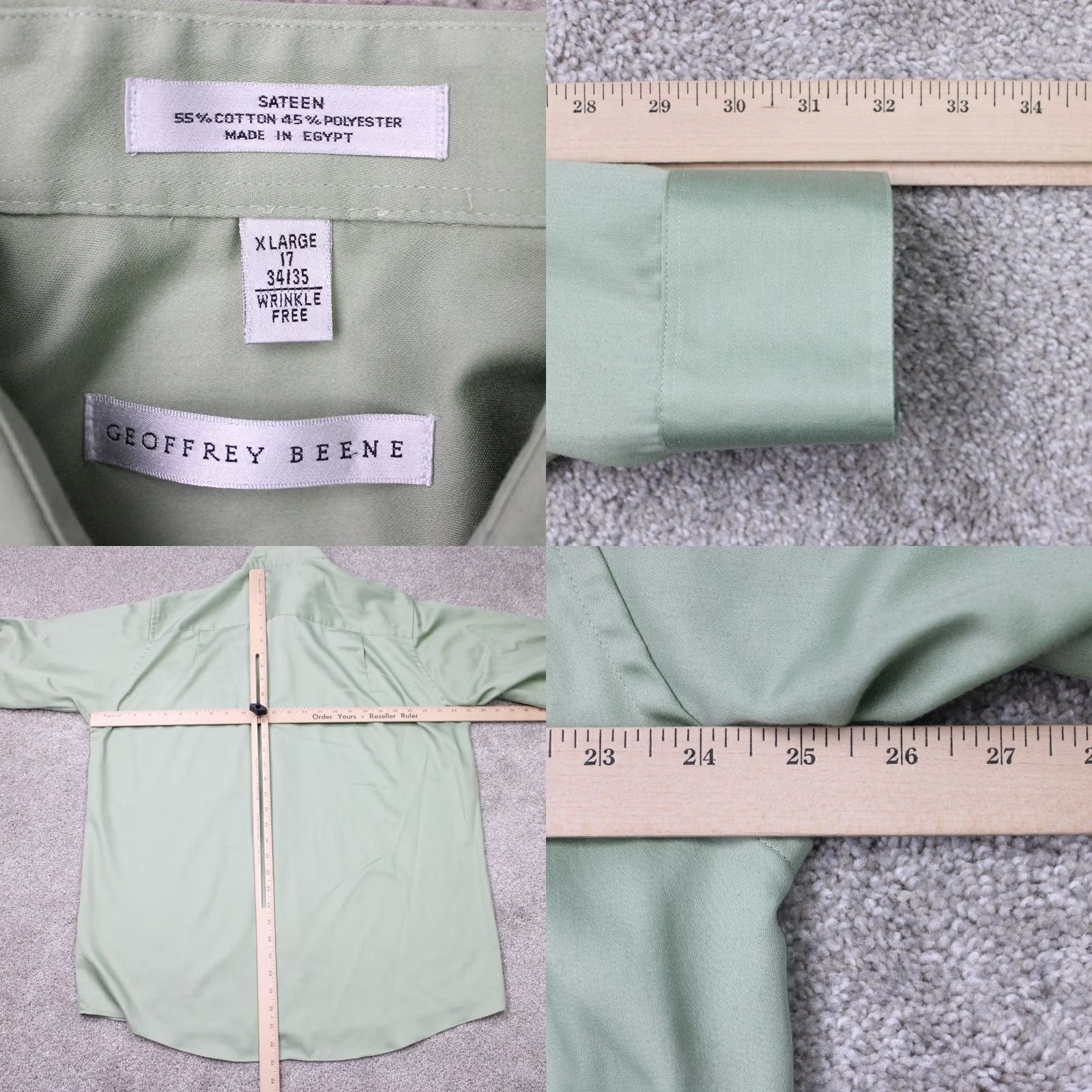 Geoffrey Beene Geoffrey Beene Shirt Mens XL Green 17, 34/35 Green Sateen Wrinkle Free L/S Dress Shirt Button Collar Collared 55% Cotton 45% Polyester Vintage: No Size US XL / EU 56 / 4 - 8 Thumbnail