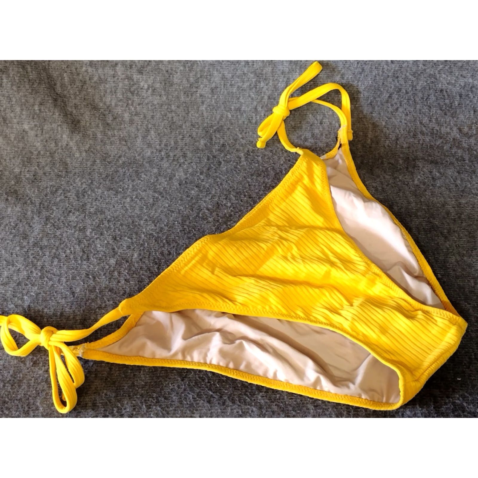 Vintage Shade & Shore Bikini Bottoms Women L Solid Yellow Ribbed Spaghetti Strap Swim Bottoms L Beach Womens Size 36" / US 14 / IT 50 - 3 Thumbnail