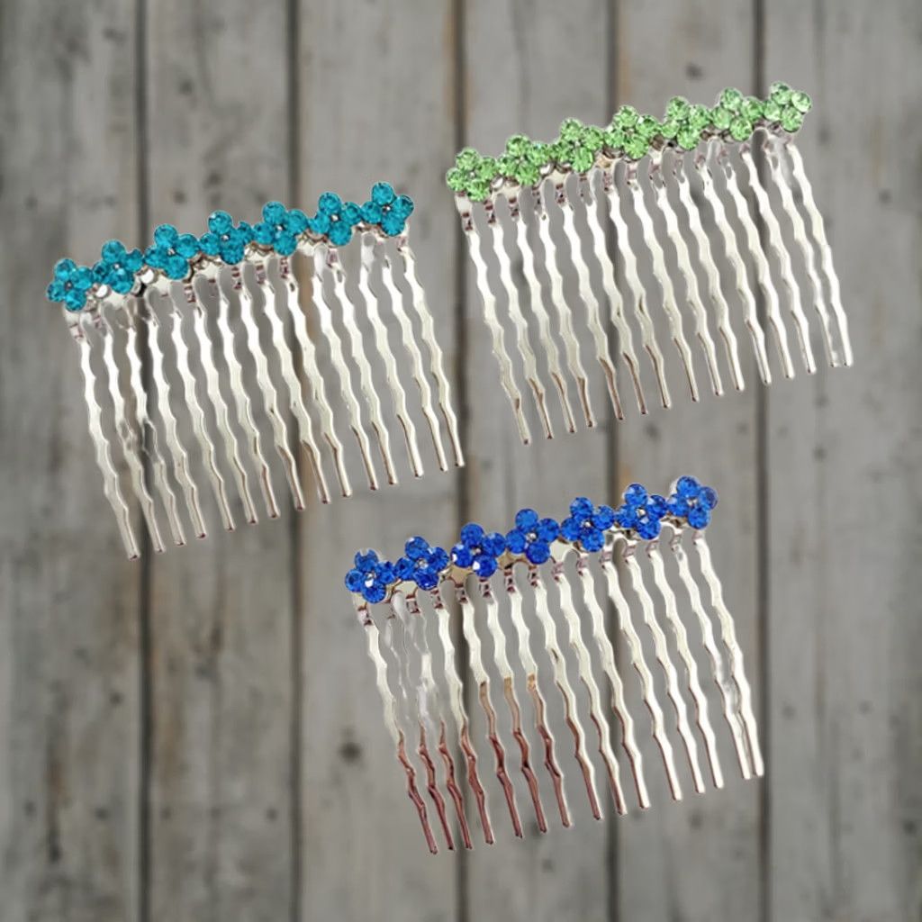 Vintage Independent 4-Leaf Floral Swarovski Crystal Hair Pins Side Comb Set of 3 Hair Combs Silver Silver Plated Flower Accessory Womens Size ONE SIZE - 1 Thumbnail
