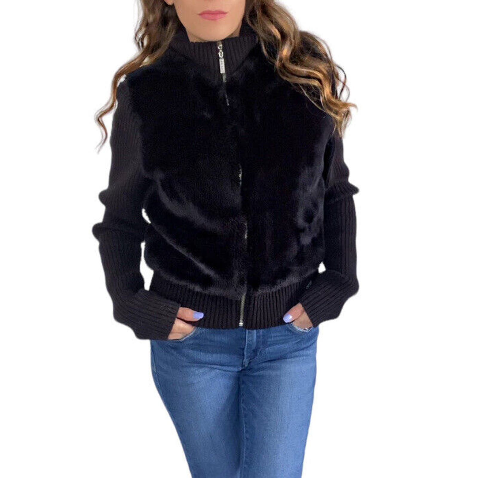 Guess Jean’s GLAMOUR Black Faux Fur Sweater Jacket Size M
