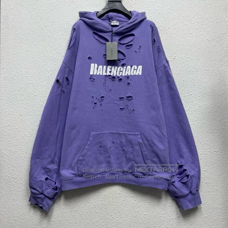 Balenciaga Balenciaga Distressed Purple Logo Slogan Hooded Sweatshirt Size US XL / EU 56 / 4 - 1 Thumbnail