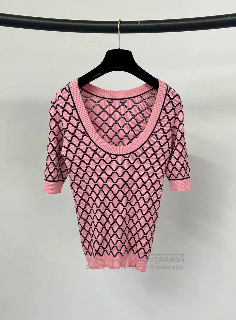 Chanel Chanel Pink diamond plaid knitted short sleeves Size XXS / US 00 / IT 34 - 2 Thumbnail