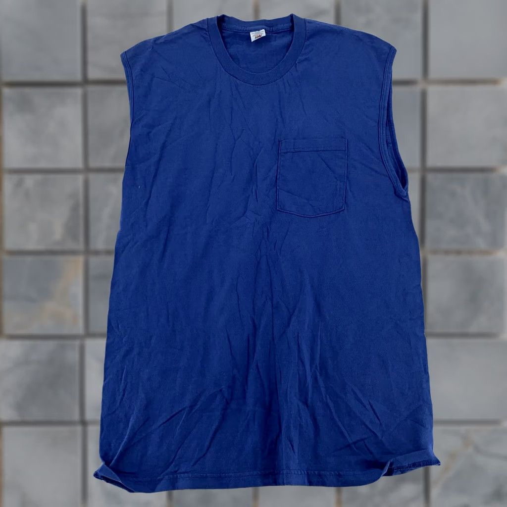 Fruit Of The Loom VINTAGE Fruit of the Loom Sleeveless Pocket Muscle Tee Shirt Mens M/L Blue 100% Cotton Crew Neck Pockets Size US M / EU 48-50 / 2 - 1 Thumbnail