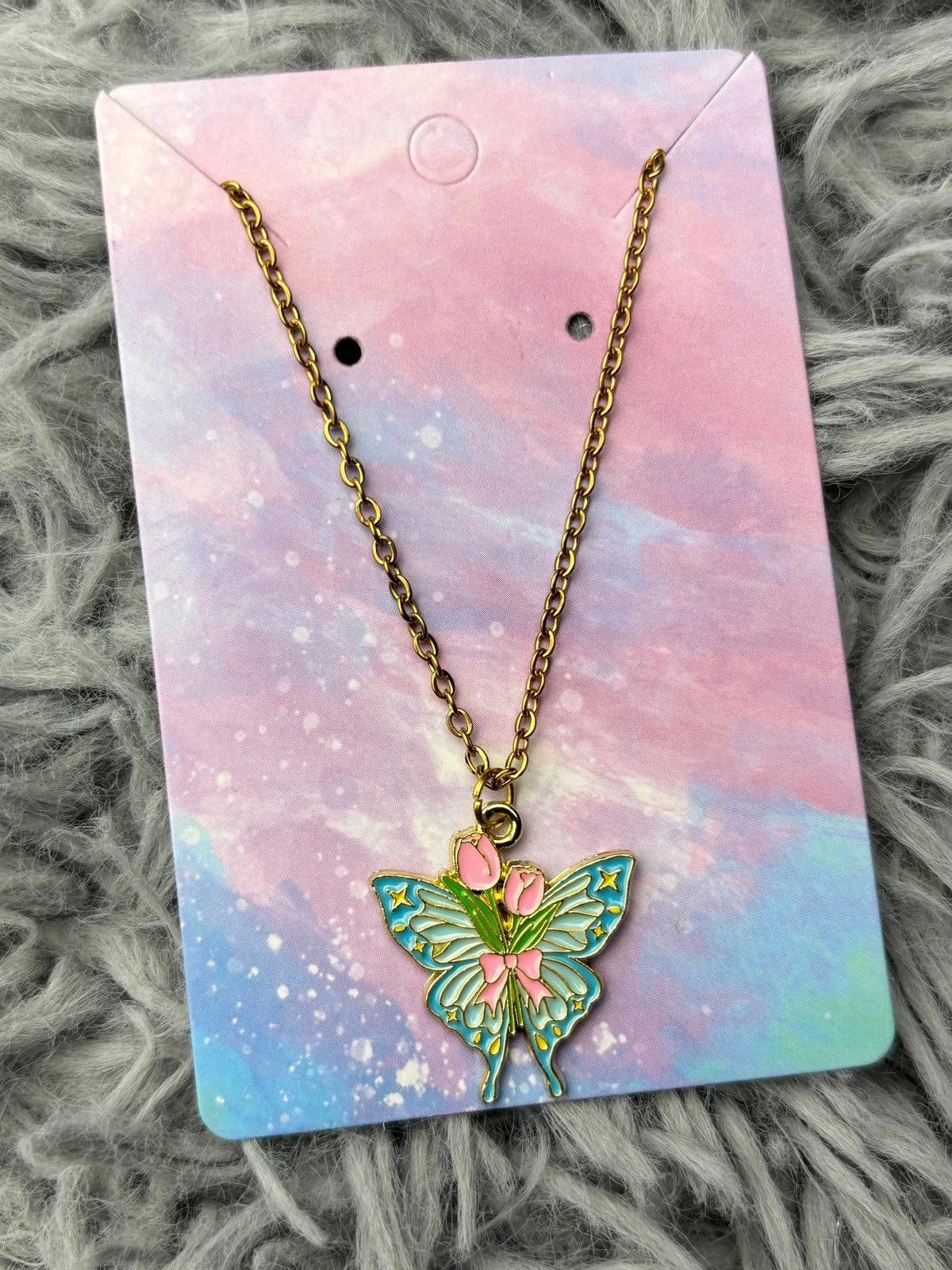 Handmade Butterfly necklace pastel pink flower leaves blue yellow bow Size ONE SIZE - 1 Preview