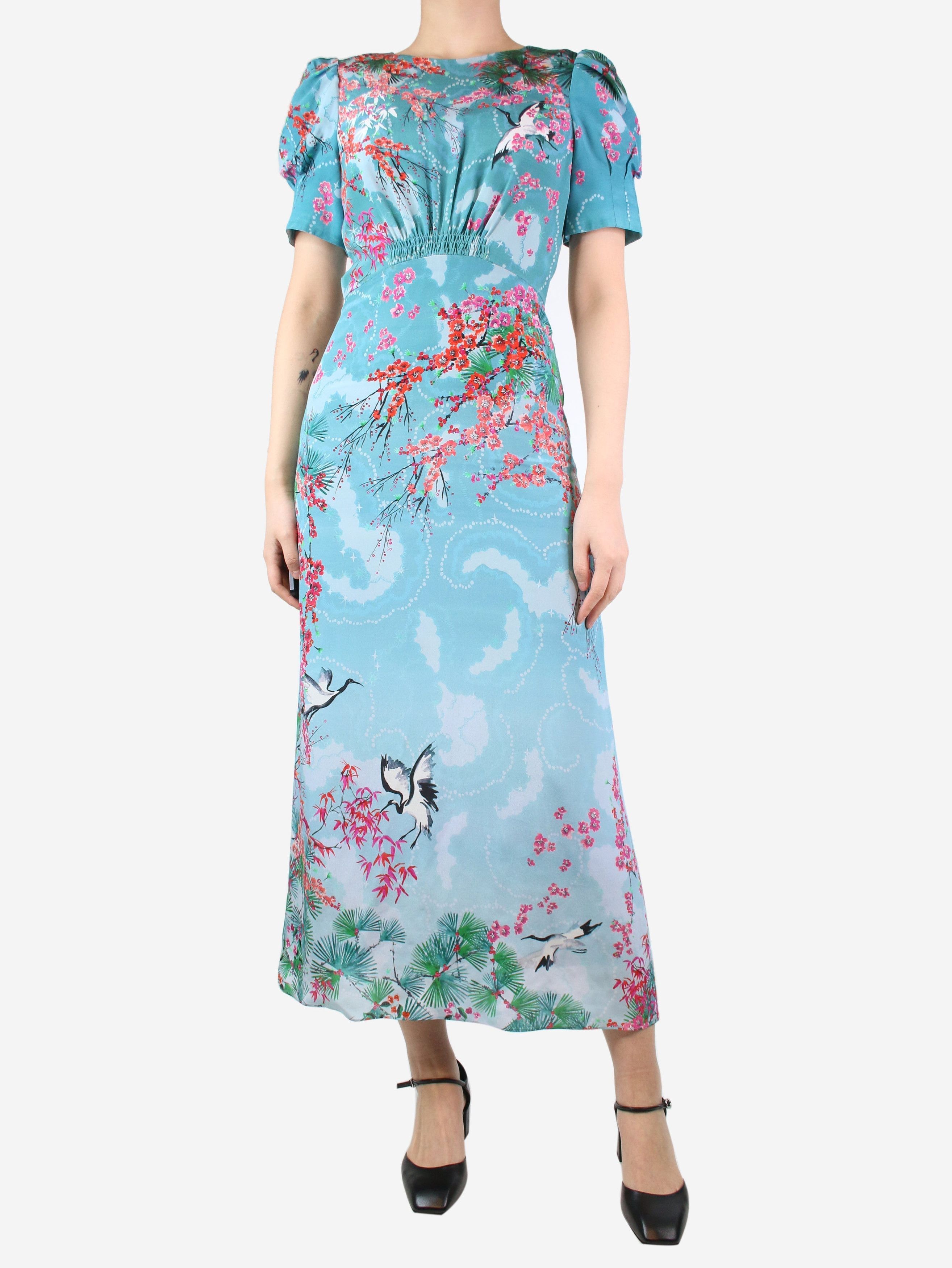 Image of Saloni Blue Floral Printed Silk Maxi Dress - Size Uk 8, Women's