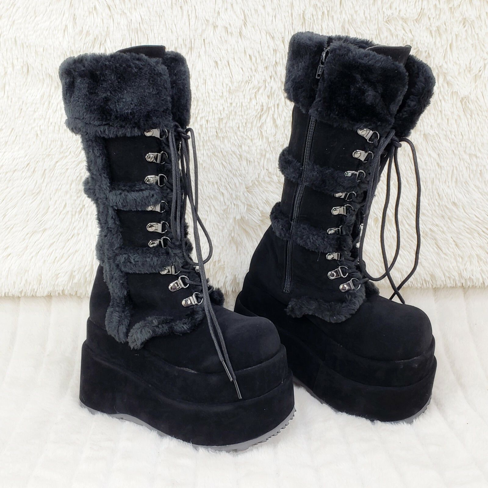 Bear 202 Black Faux Fur / Suede Platform Goth Punk Calf Boot
