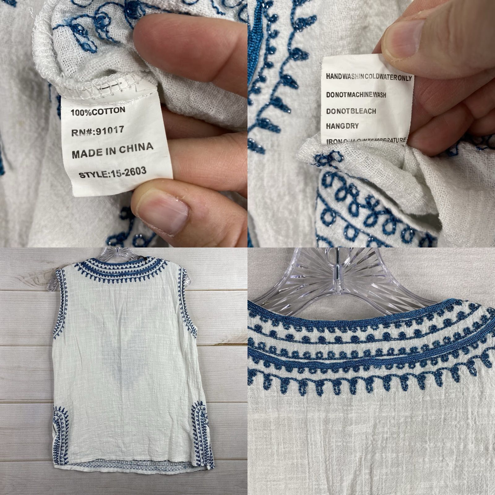 Vintage Solitaire Womens Top M White Embroidered Boho Tie Neck Sleeveless Chiffon Cotton Casual Shirt Size M / US 6-8 / IT 42-44 - 8 Thumbnail