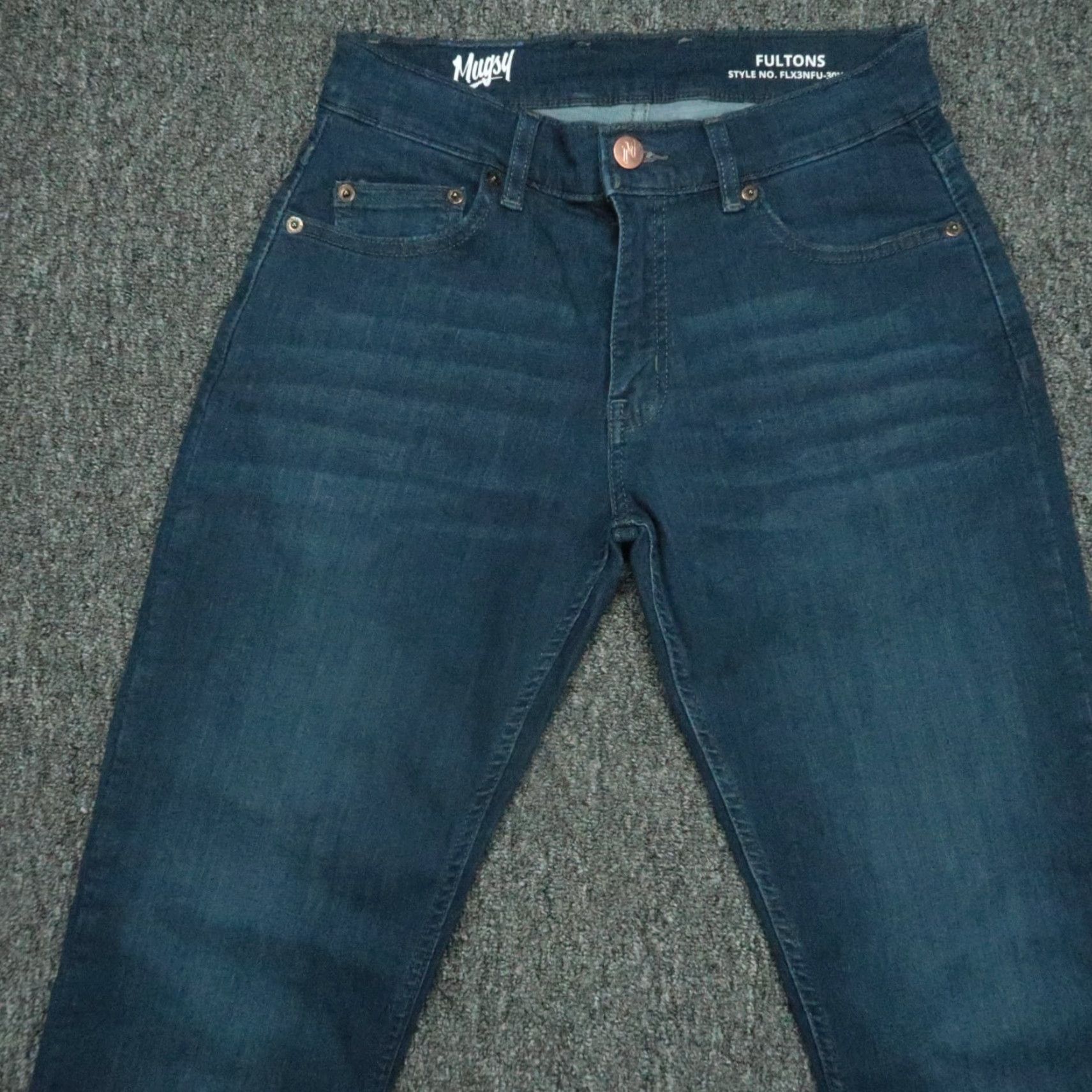 Mugsy Jeans Mens 30x32 Blue Fultons 5 Pocket Straight Stretch Dark Wash Denim Button Zip