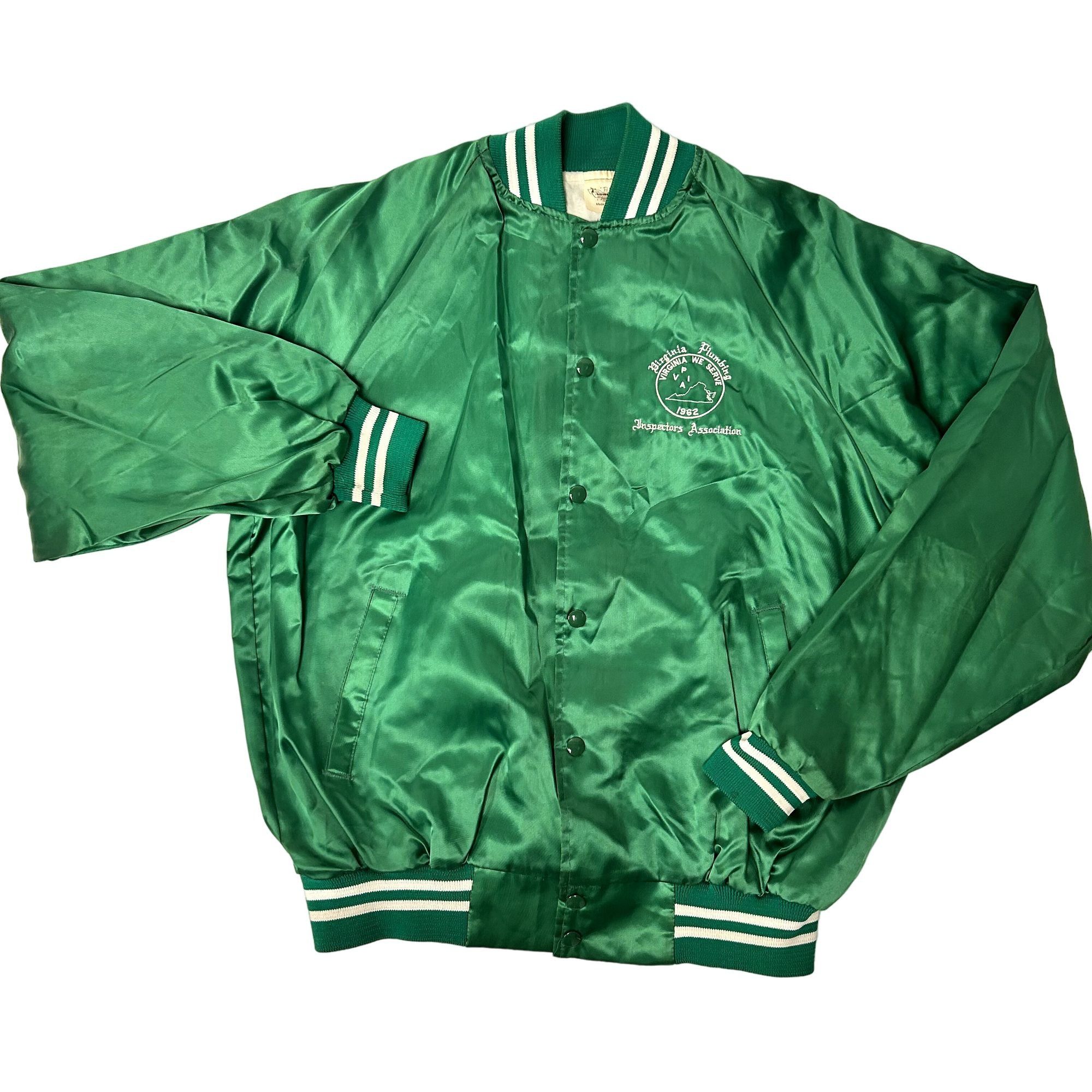 image of Auburn Sportswear 80's Auburn Shiny Green Satin Bomber Virginia Plumbing Jacket, Men's (Size Large)