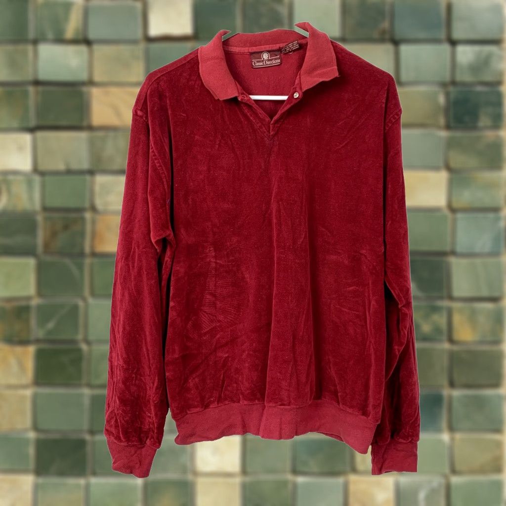 Velour VINTAGE Classic Directions Polo Shirt Mens Large Velour Red Long Sleeve 80s Buttonless Zip Collar Shirt Size US L / EU 52-54 / 3 - 1 Thumbnail