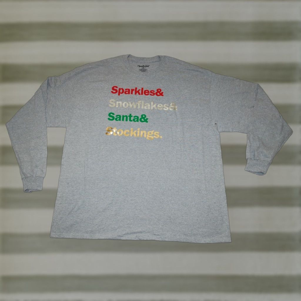 Vintage Womens L/s Gray T-Shirt Sparkles & Snowflakes & Santa & Stockings