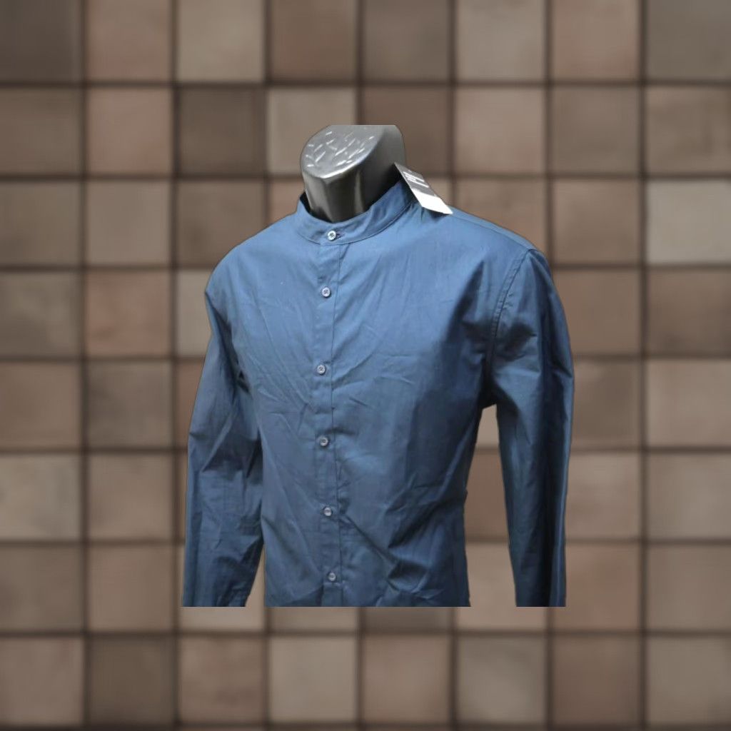 Topman Dark Blue Cotton Button-Up Shirt Mens Slim Fit Long Sleeve