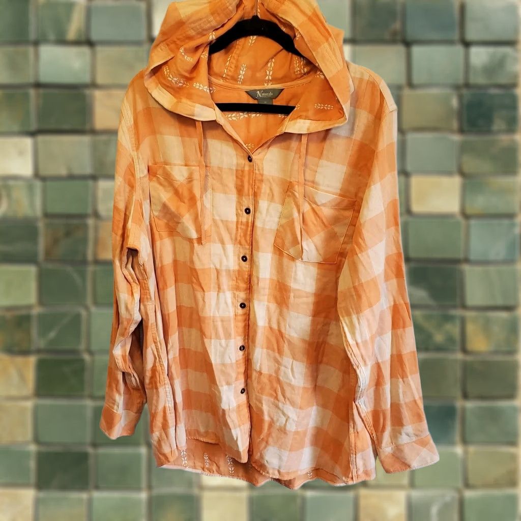 Vintage Natural Reflections Womens 1X Plaid Hooded Button Up Shirt Light Orange Size XL / US 12-14 / IT 48-50 - 1 Thumbnail