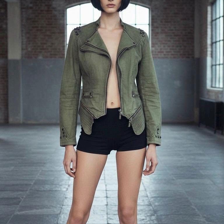 Cop Copine The Asymmetrical Studded Multizipper Denim Jacket Size ONE SIZE - 3 Thumbnail
