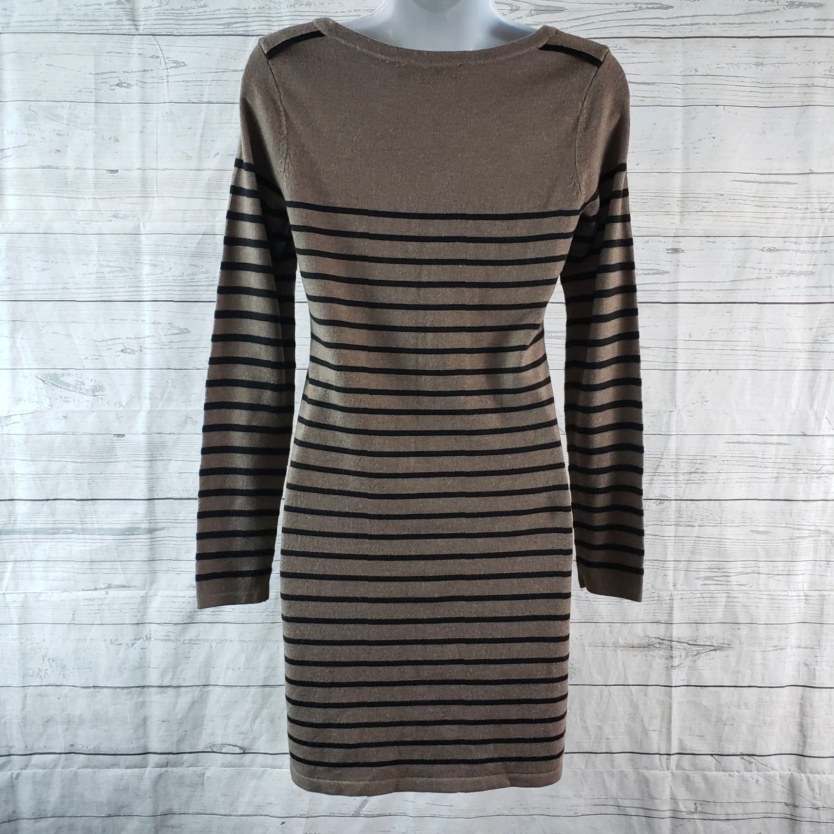 Loft LOFT Ann Taylor Womens Sweater Dress XS Black Taupe Striped Long Sleeve Pullover Knit 32" Length 24" Sleeve Size XS / US 0-2 / IT 36-38 - 4 Thumbnail