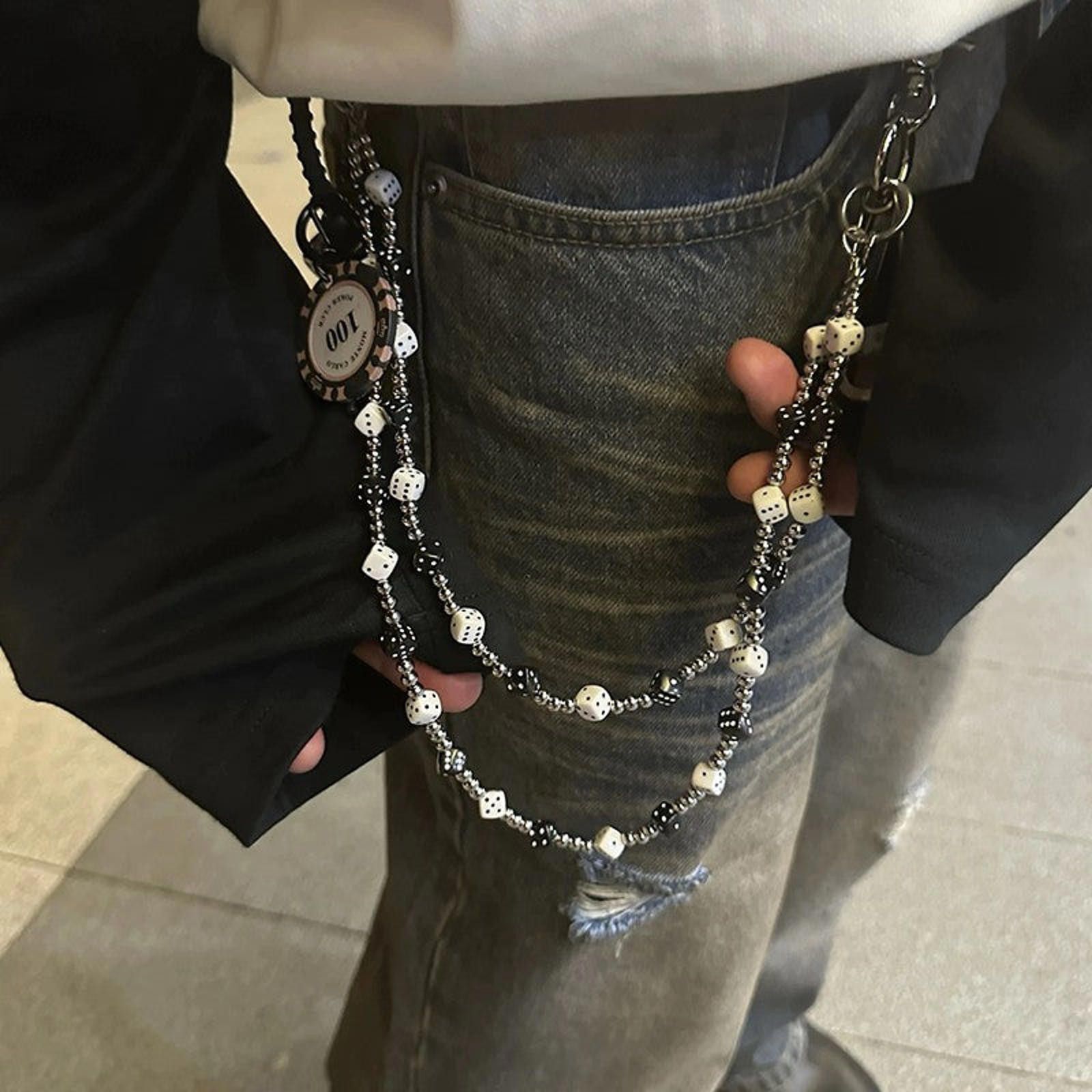 Vintage Dice Black and White Beaded Wallet Chain, Pants Chain Size ONE SIZE - 1 Thumbnail