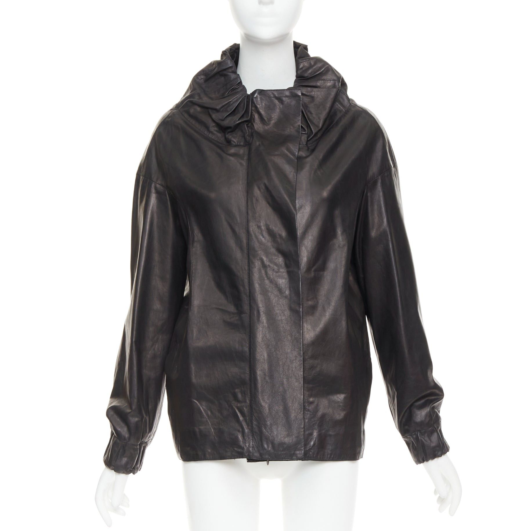 Marni MARNI black lamb leather gathered collar zip up oversized jacket IT42 M Size M / US 6-8 / IT 42-44 - 1 Thumbnail