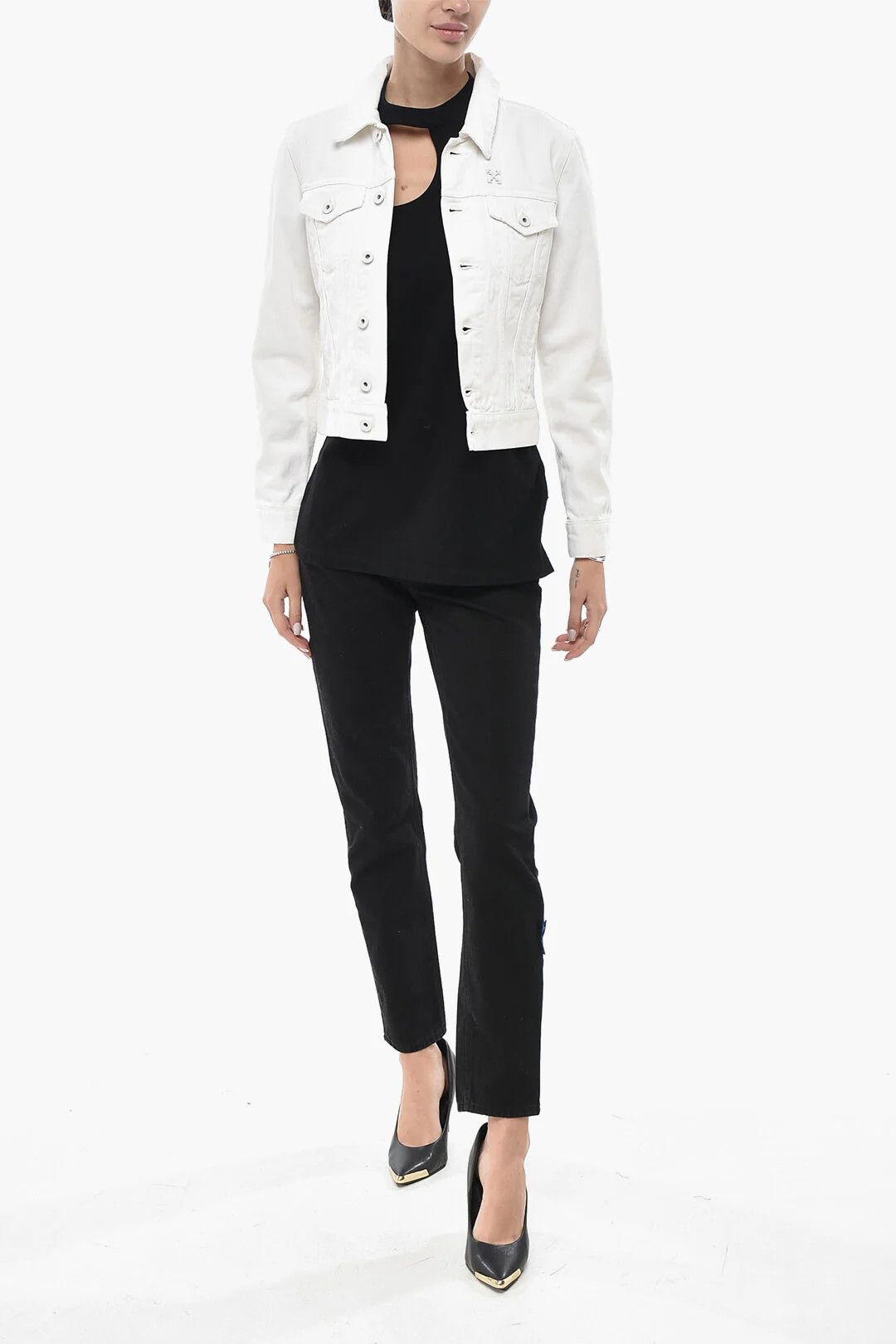 Off-White og1mm0426 Printed Denim Crop Jacket in White Size S / US 4 / IT 40 - 4 Thumbnail