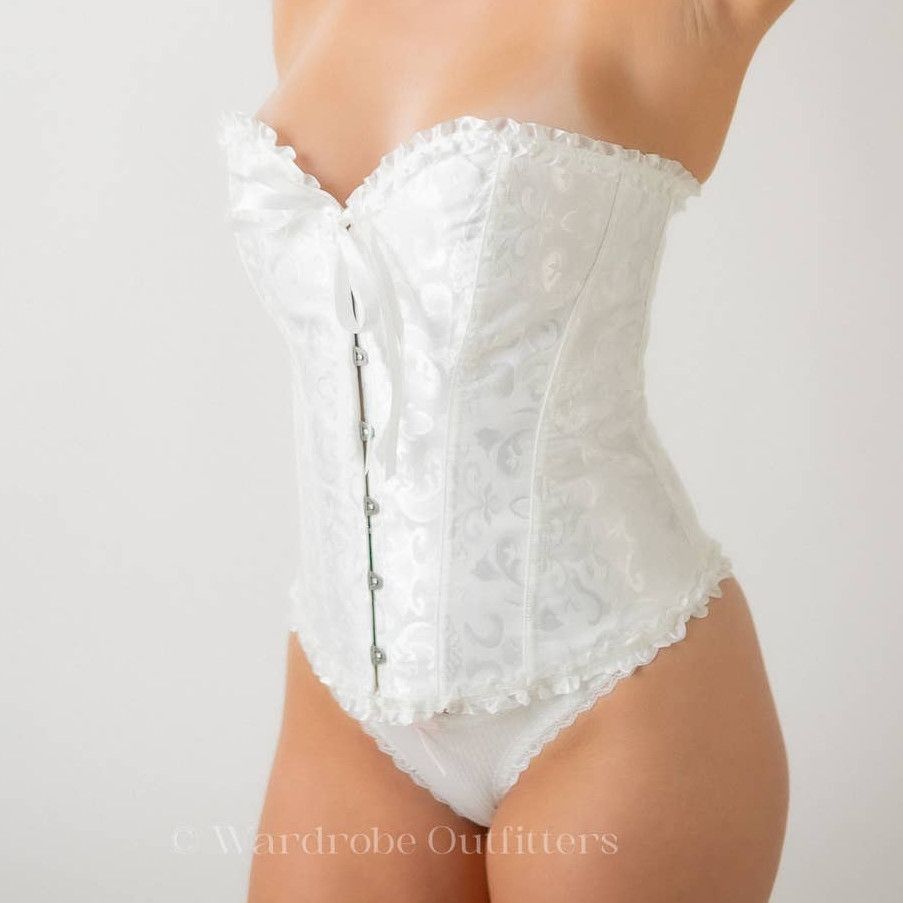 image of Designer White Lace Up Jacquard Frill Trim Push Up Corset Lingerie, Women's