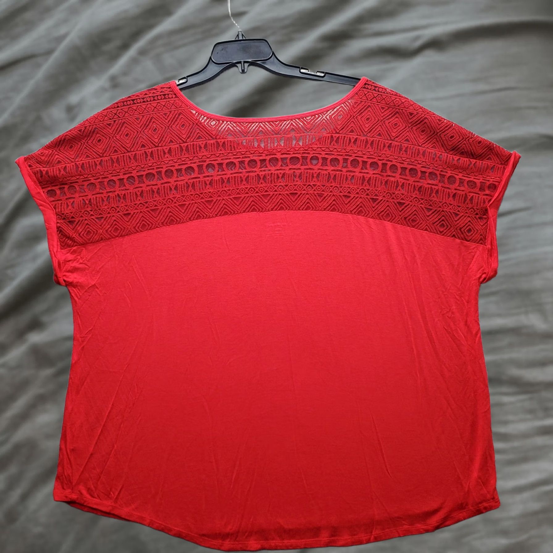 Vintage Lane Bryant Blouse Top Women's 26/28 Red Rayon Crochet Yoke Short Sleeve Stretch - Womens Size 26/28 Blouse Shirt Dressy Casual Shirt Size 4XL / US 24-26 - 1 Thumbnail