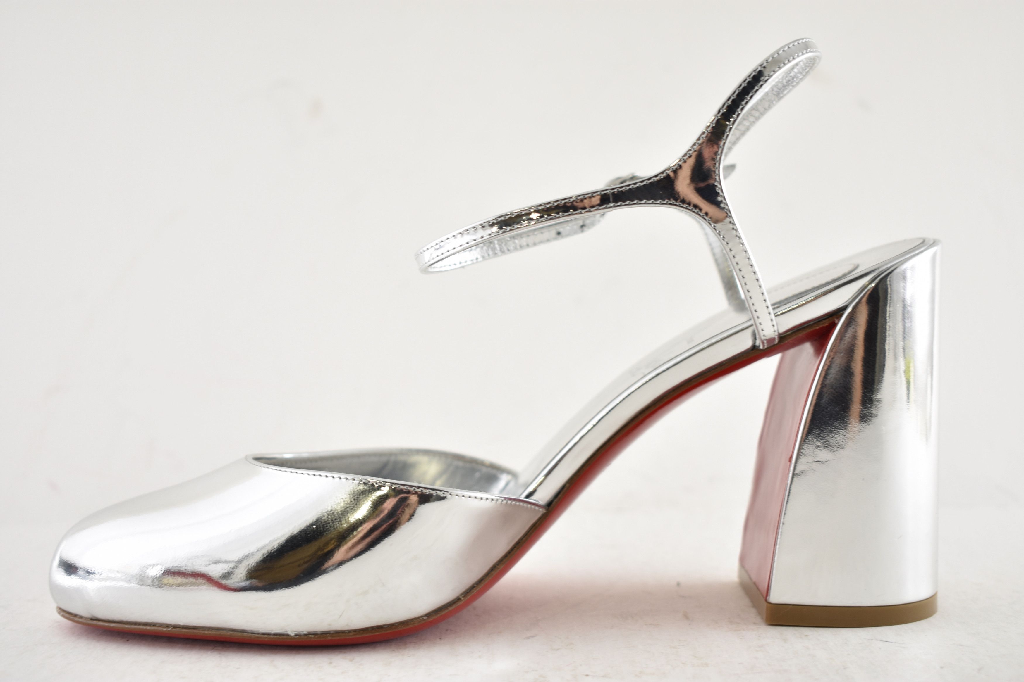 Christian Louboutin Jane Pump 85 Silver Leather Ankle Strap Block Heel Sandal 40 Size US 10 / IT 40 - 15 Thumbnail