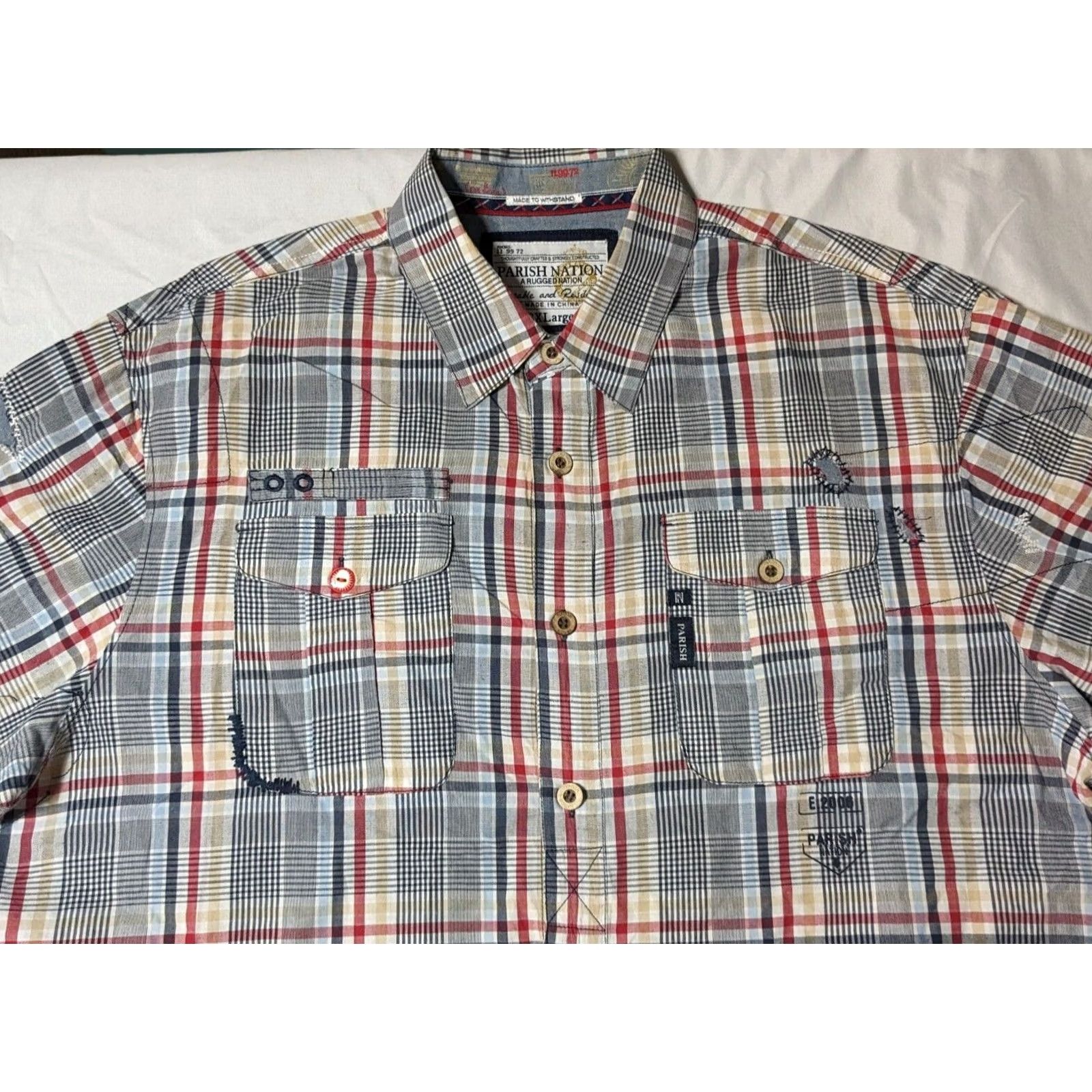 Vintage PARISH NATION Standing Strong Men 3XL Blue Plaid Embellished Shirt Size US XXL / EU 58 / 5 - 5 Thumbnail