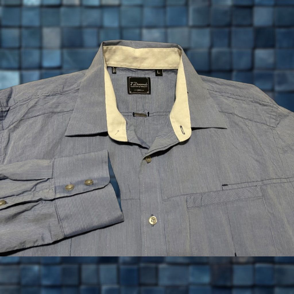 Vintage 7 Diamonds Shirt Mens Large Blue Striped Long Sleeve Button-Front Slim Fit Casual Size US L / EU 52-54 / 3 - 1 Thumbnail