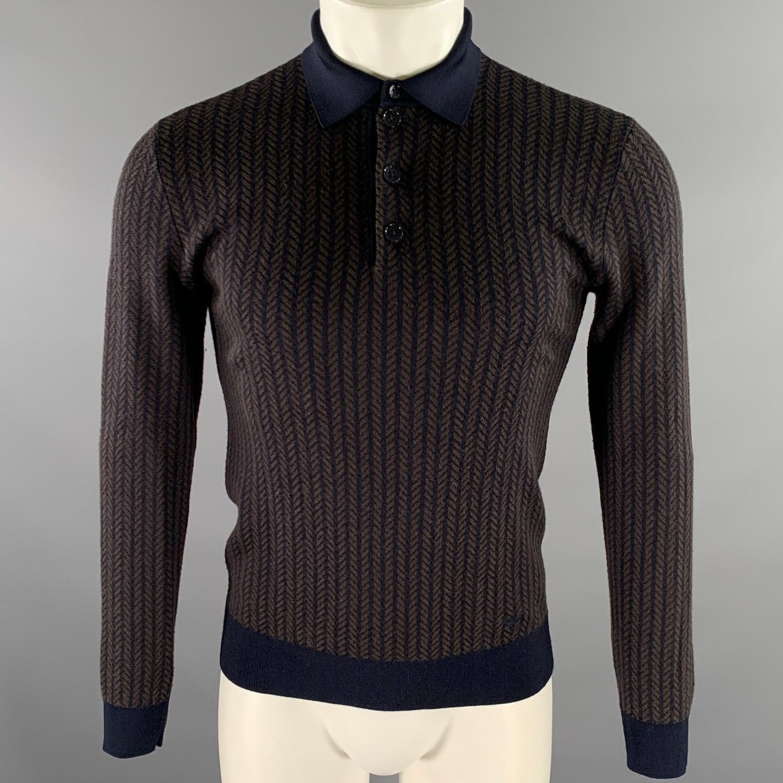 Emporio Armani EMPORIO ARMANI S Navy Herringbone Wool Blend Polo Sweater Size US S / EU 44-46 / 1 - 1 Thumbnail