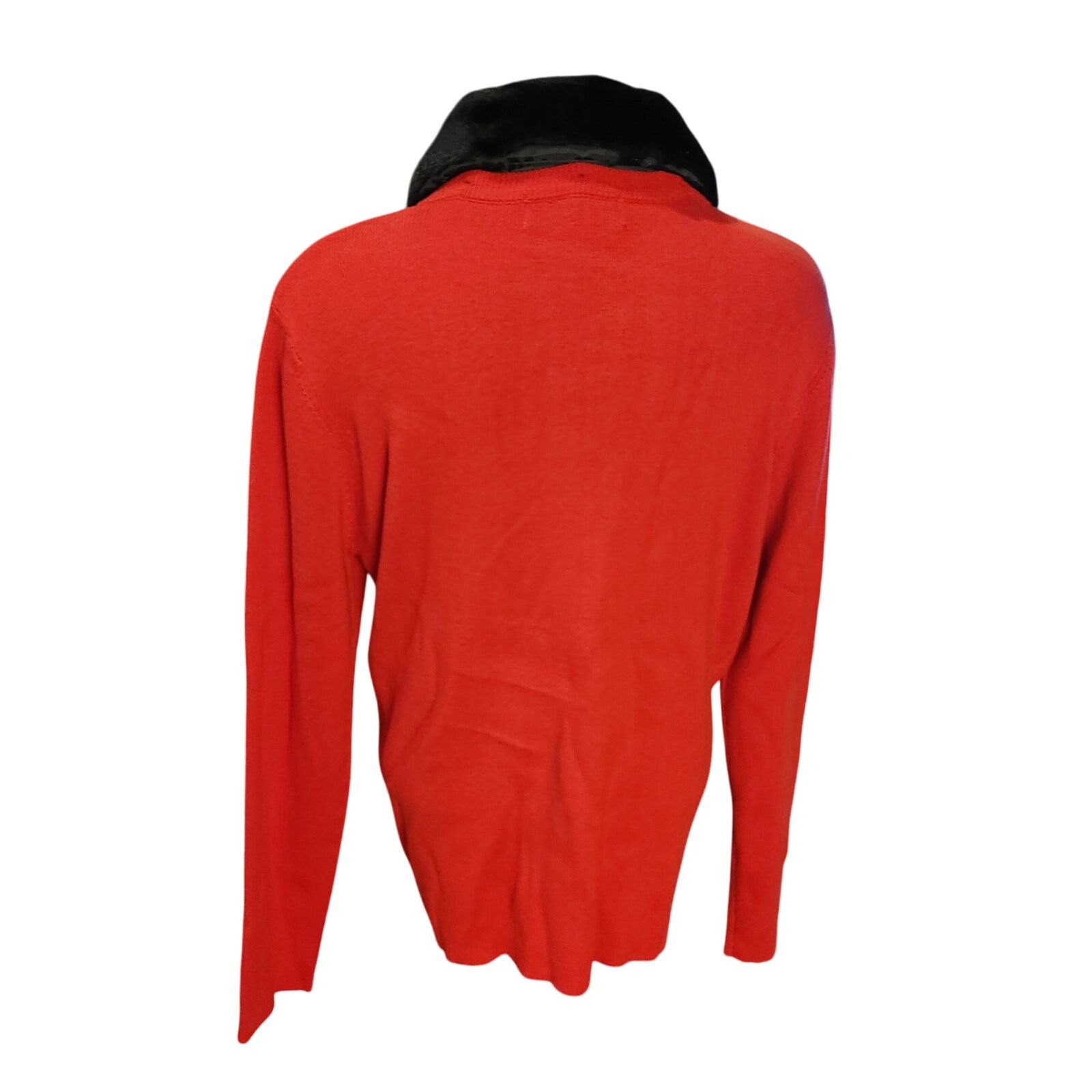 Other Kikit Womens LG Red Knit Black Faux Fur Trim Cardigan Size L / US 10 / IT 46 - 2 Thumbnail