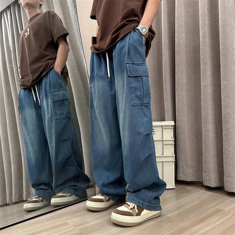 image of Distressed Denim Loose Straight Wide Leg Denim Pant in Blue, Men's (Size 29)