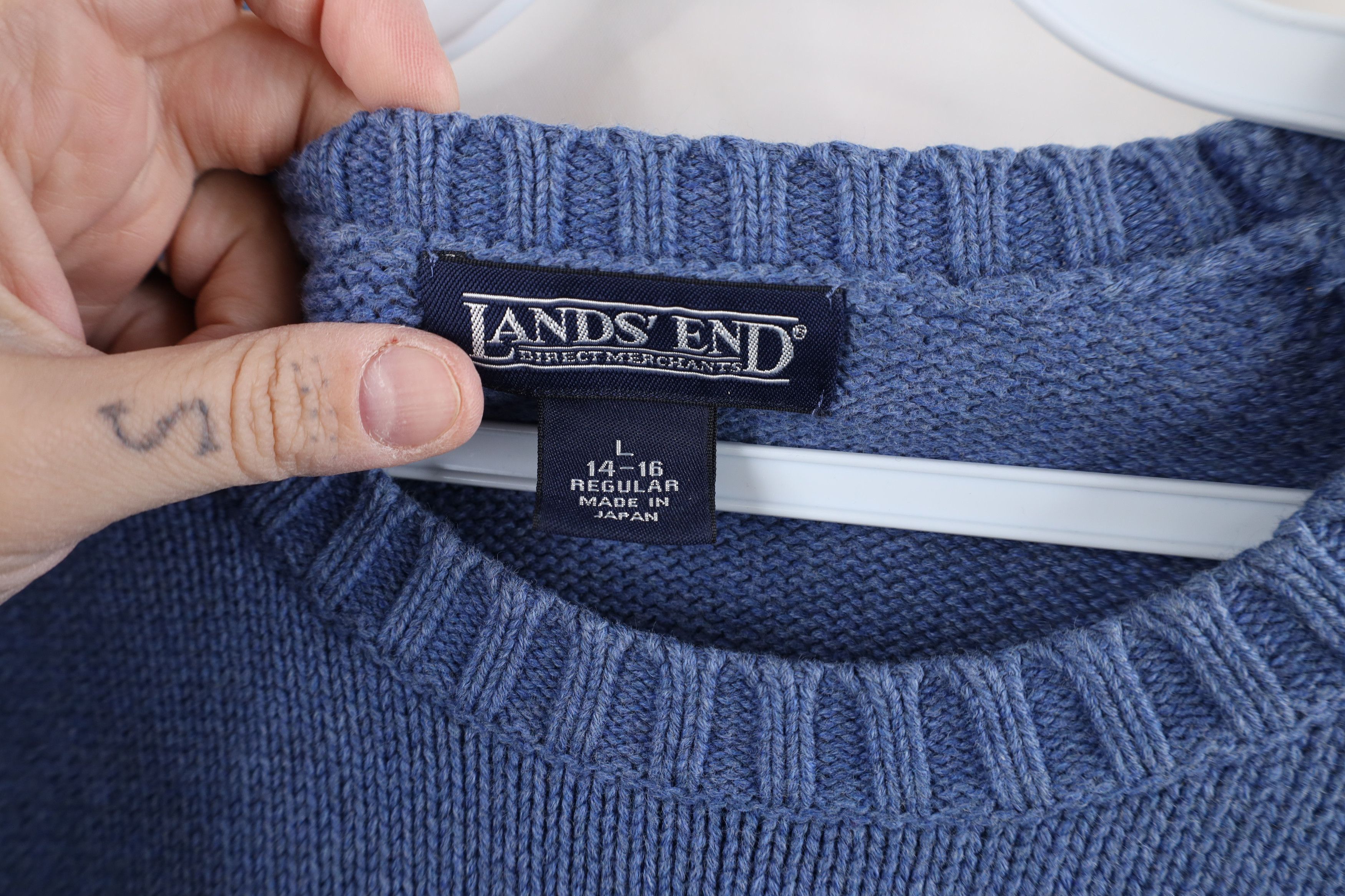 Lands' End × Vintage Vintage 90s Lands End Blank Cotton Knit Sweater Blue Japan Size L / US 10 / IT 46 - 7 Thumbnail
