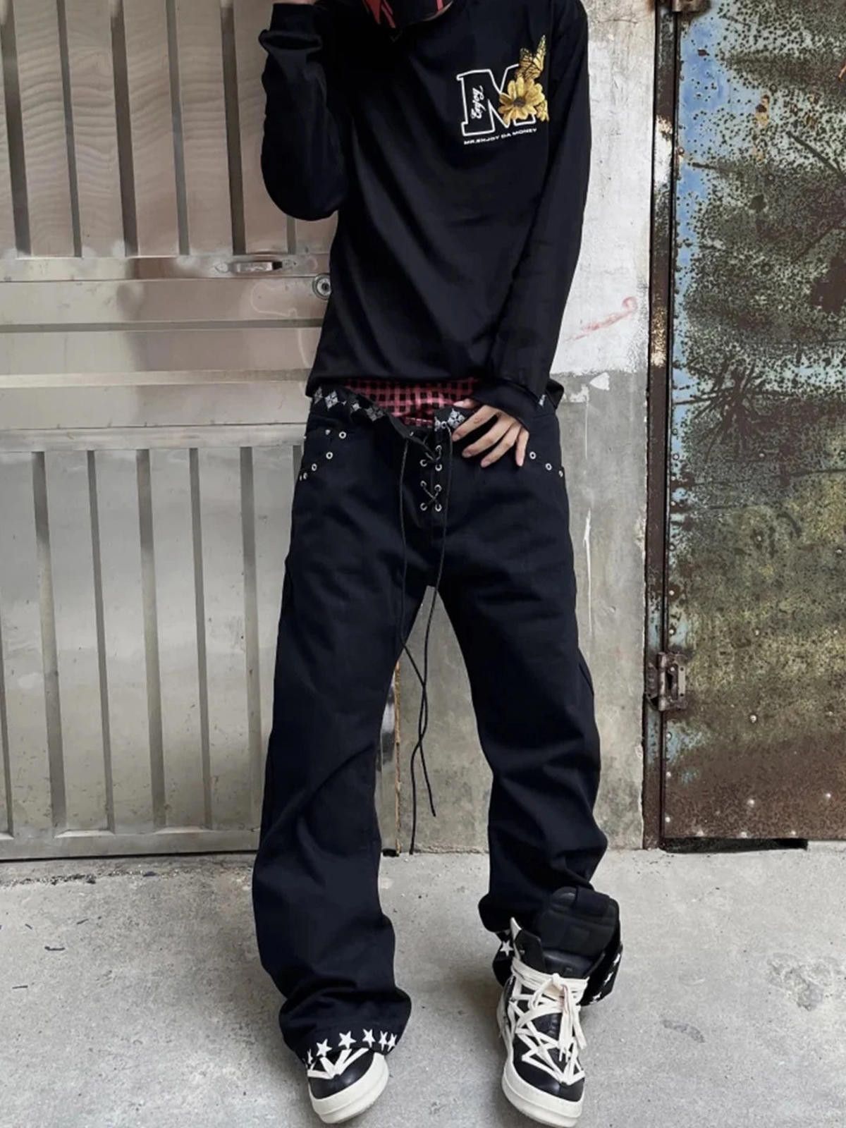 Other Black Baggy Wide Leg Jeans with Plaid Double Waistband Size US 28 / EU 44 - 5 Thumbnail