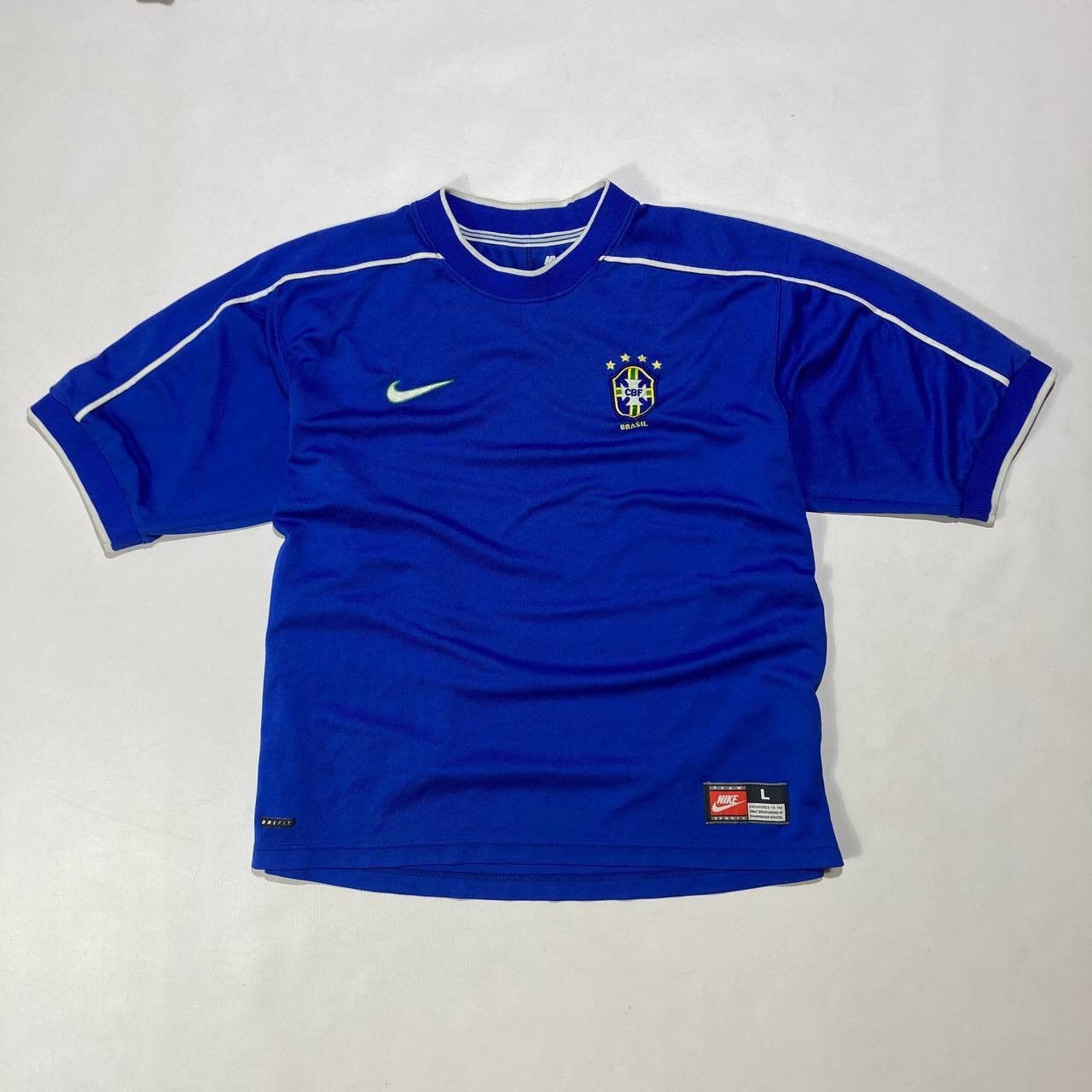 image of Brasil 1998 Away Football Shirt Jersey Nike in Blue, Men's (Size Large)