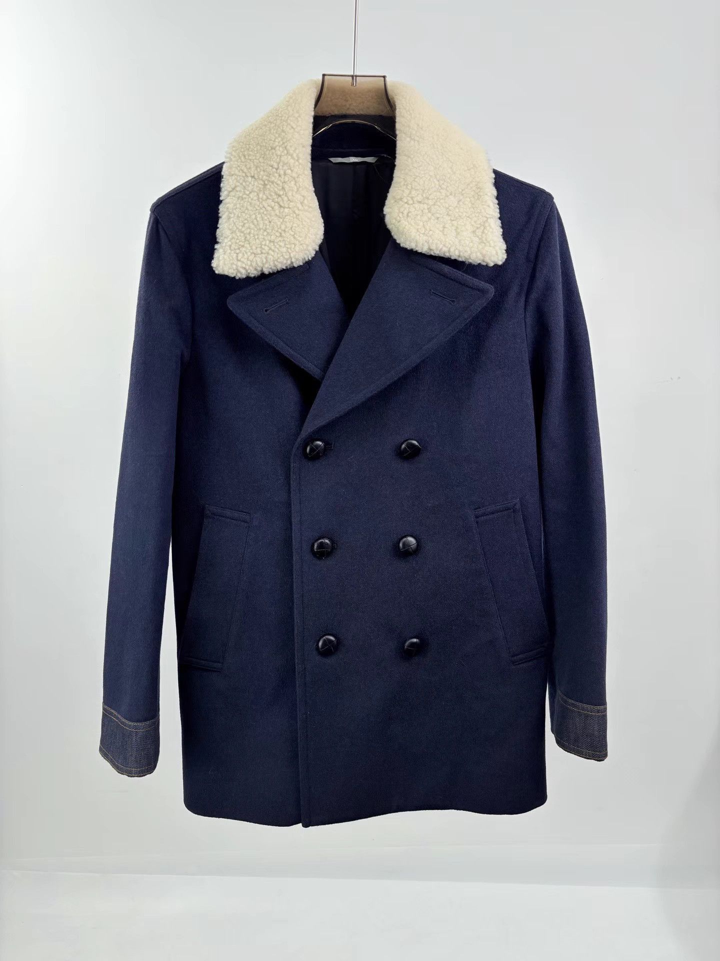 Dior Blue Double-Breasted Coat with Shearling Collar Size US S / EU 44-46 / 1 - 1 Thumbnail