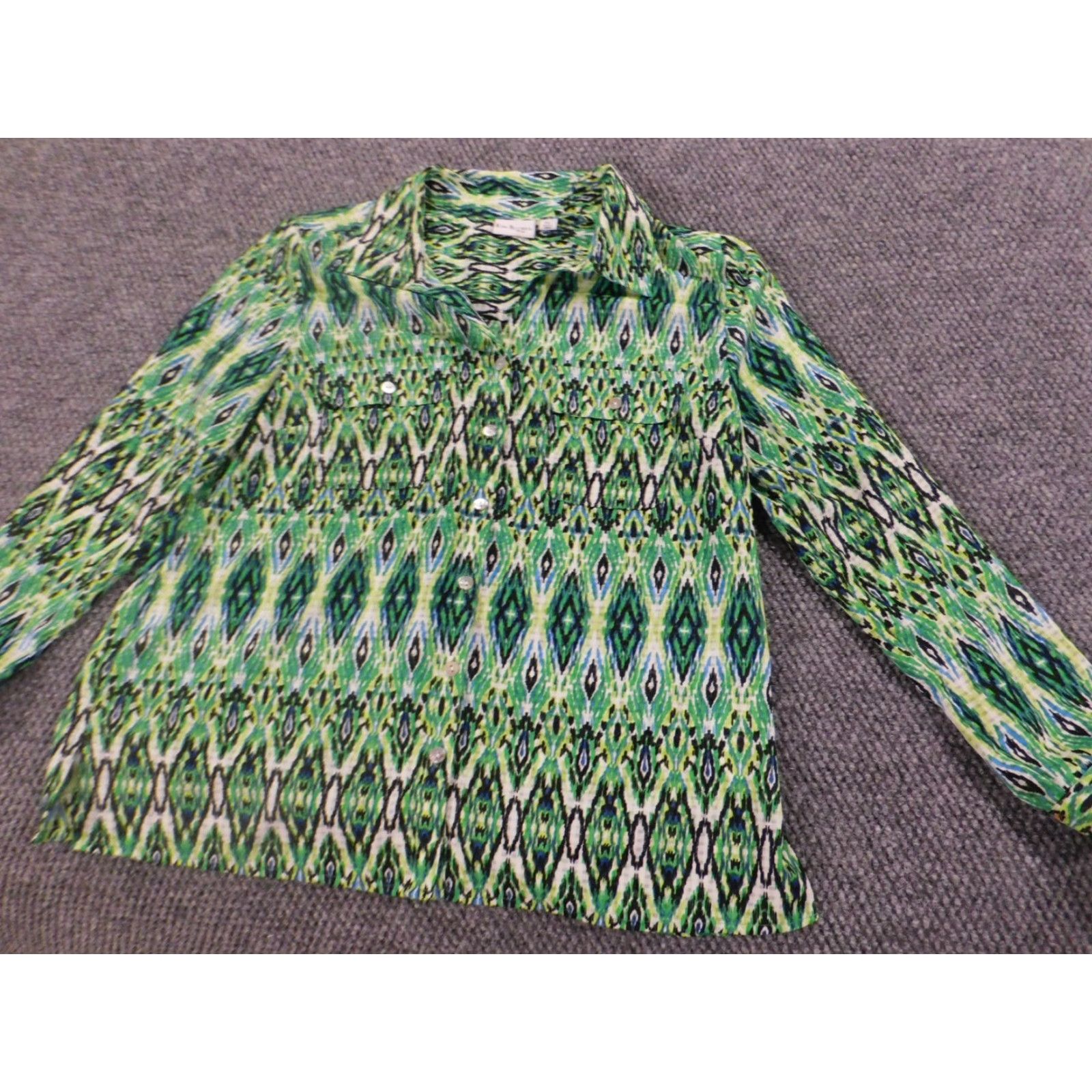 Vintage Kim Rogers Blouse Shirts Womens PL Petites Green Crew Neck Pullover Stretch Button Casual Cotton Rayon Regular Size L / US 10 / IT 46 - 4 Thumbnail