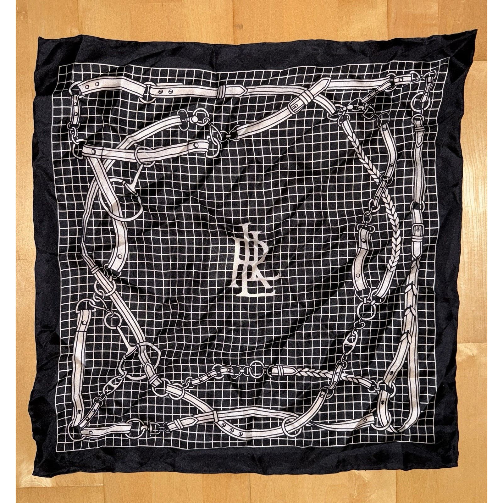 Ralph Lauren Black Equestrian Horsebit Strap Scarf Silk 21”