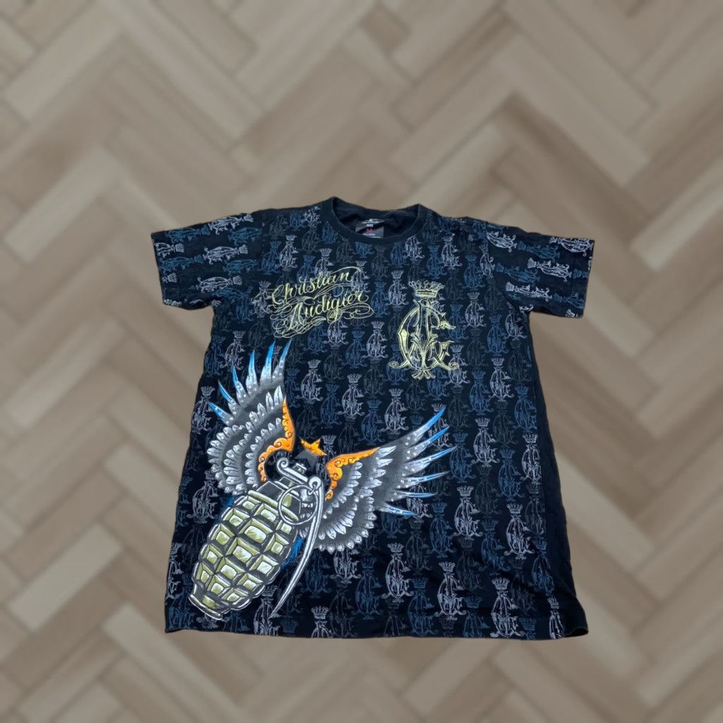 Christian Audigier Los Angeles Graphic Shirt Mens M Black Grenade Wings Tattoo Skull Designer T-Shirt Short Sleeve