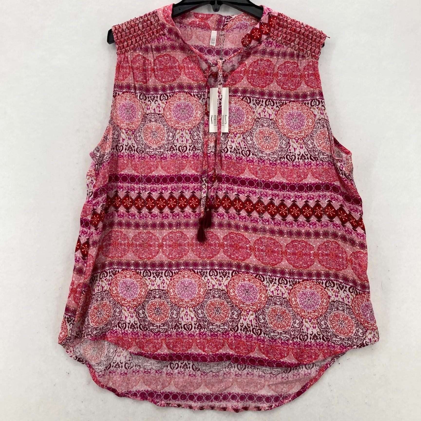 YOKE Kaktus Blouse Shirt Women Sleeveless Red Multi-Print Smocked Yoke Boho Top XL 100% Rayon Size XL / US 12-14 / IT 48-50 - 2 Thumbnail