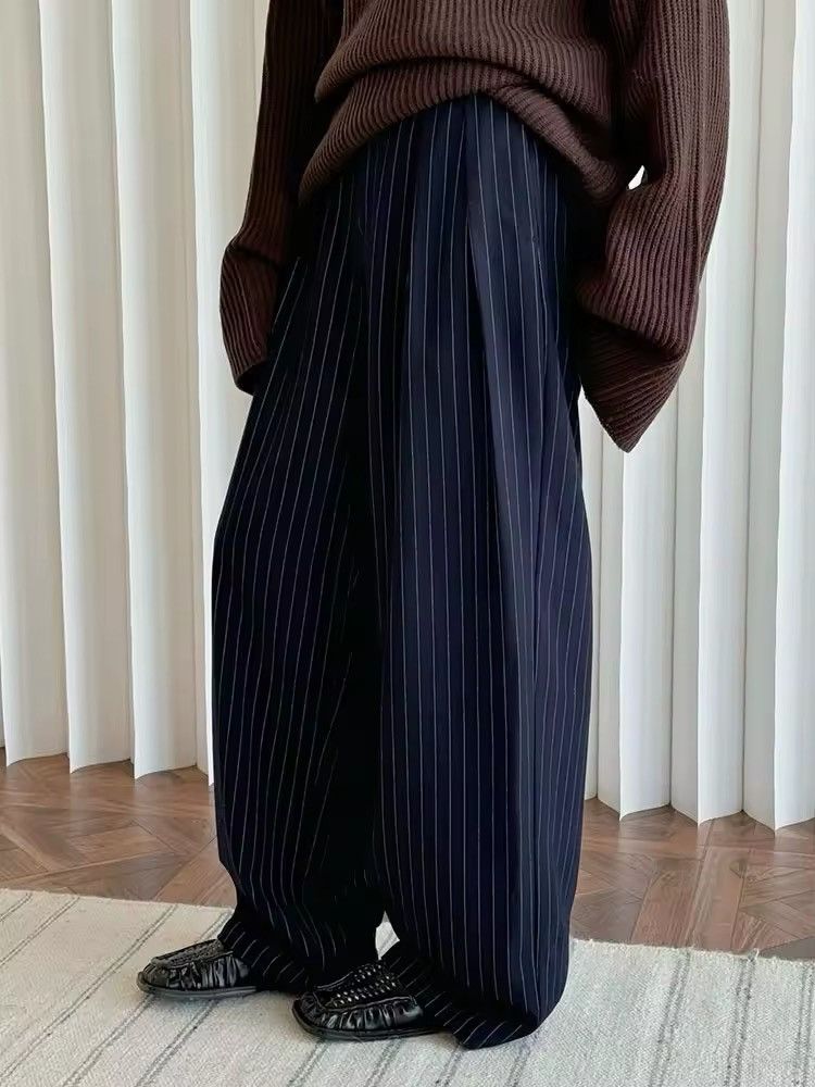 Designer × Vintage Striped Streetwear Casual Loose Navy Long Pants Size 27" / US 4 / IT 40 - 3 Thumbnail
