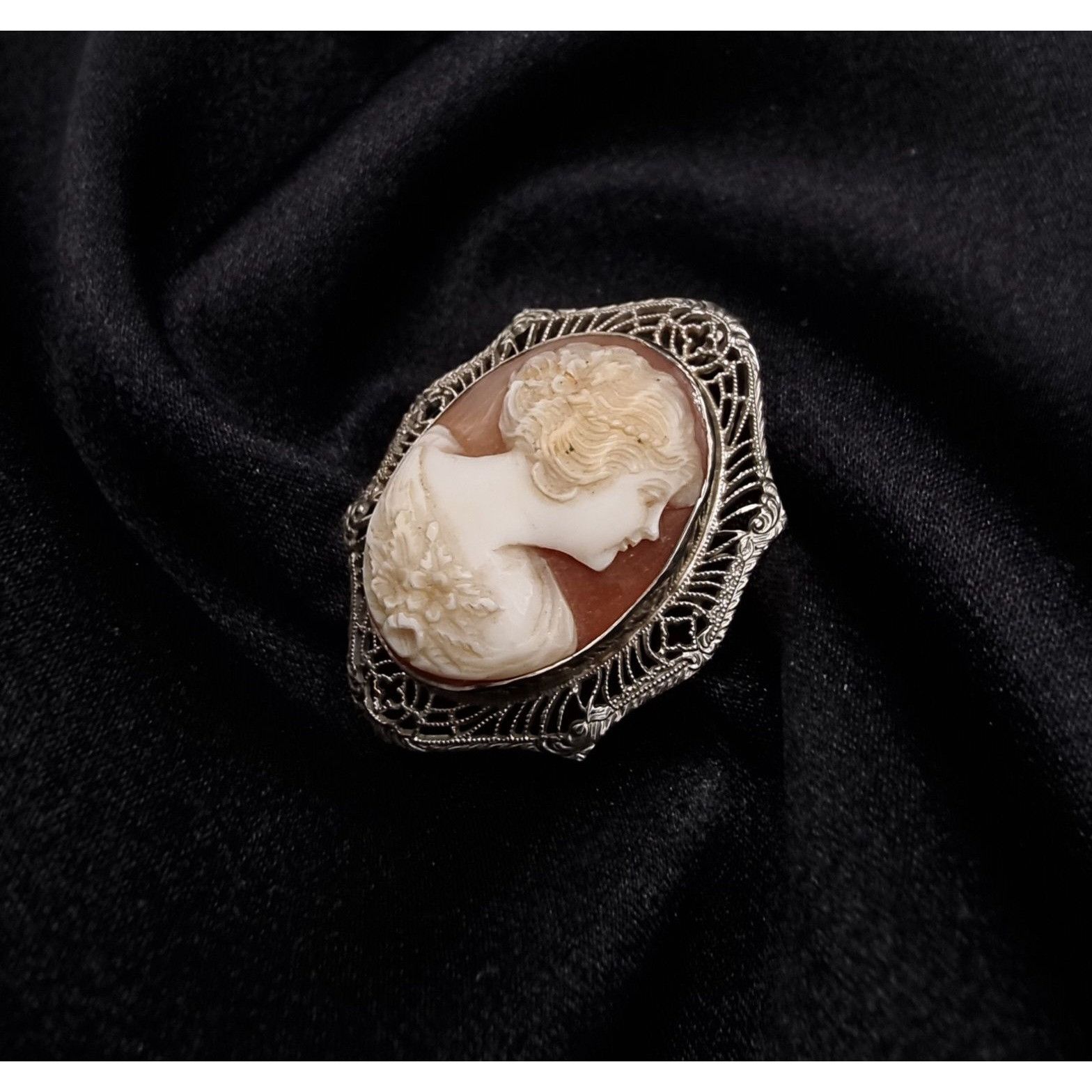 Vintage Antique 1900's-1920's 10K White Gold Real Cameo Brooch & Pen Size ONE SIZE - 3 Thumbnail