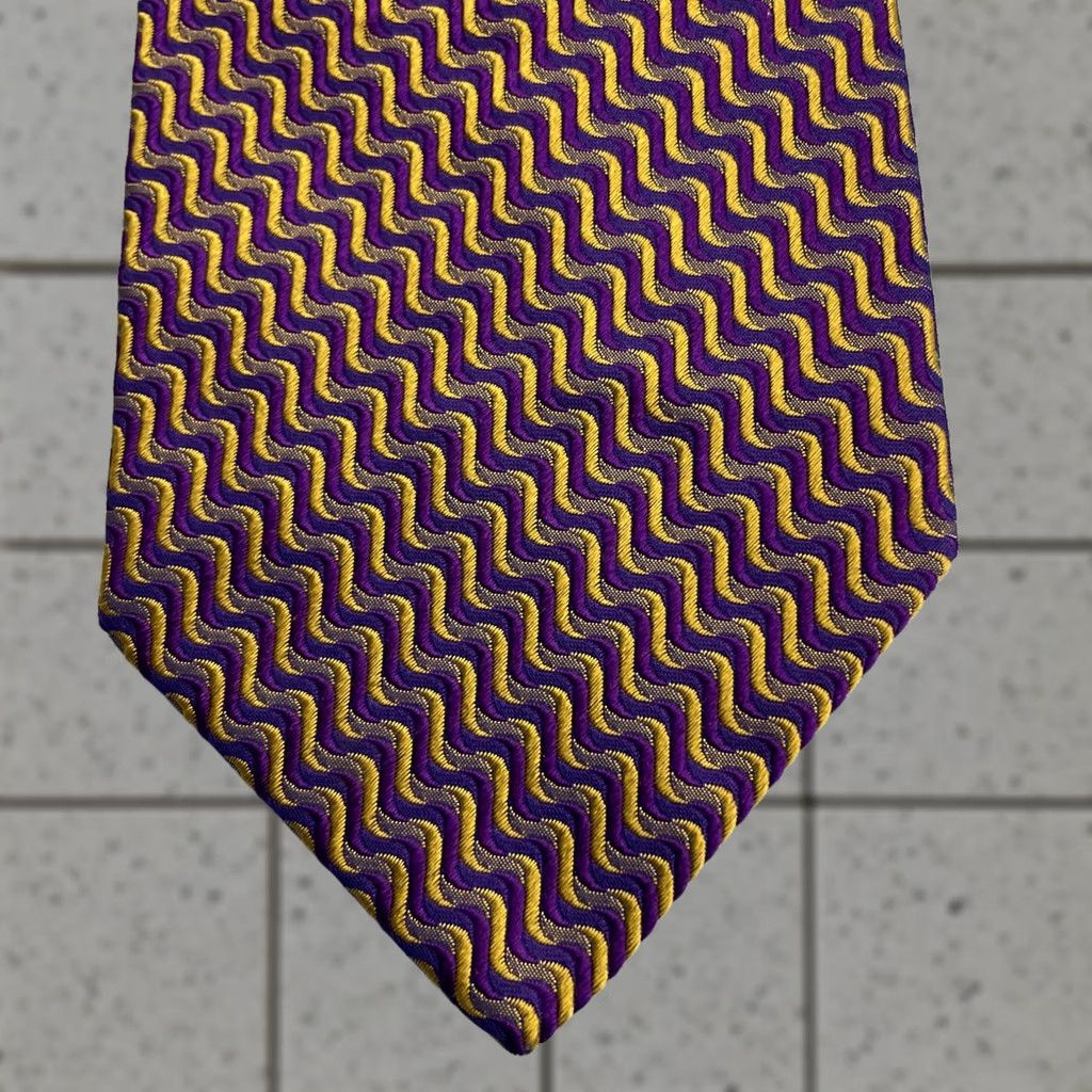 Vintage VINTAGE Pavone Geometric Optical Illusion Purple Yellow Wave Tie Italian Woven Silk 4x58 Men Silk Necktie Size ONE SIZE - 1 Thumbnail
