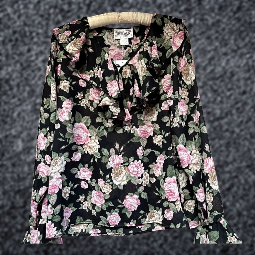 Pinko Daniel Caron Blouse Womens Floral Ruffle Top Shirt Medium Pink Black Boho Size M / US 6-8 / IT 42-44 - 1 Thumbnail